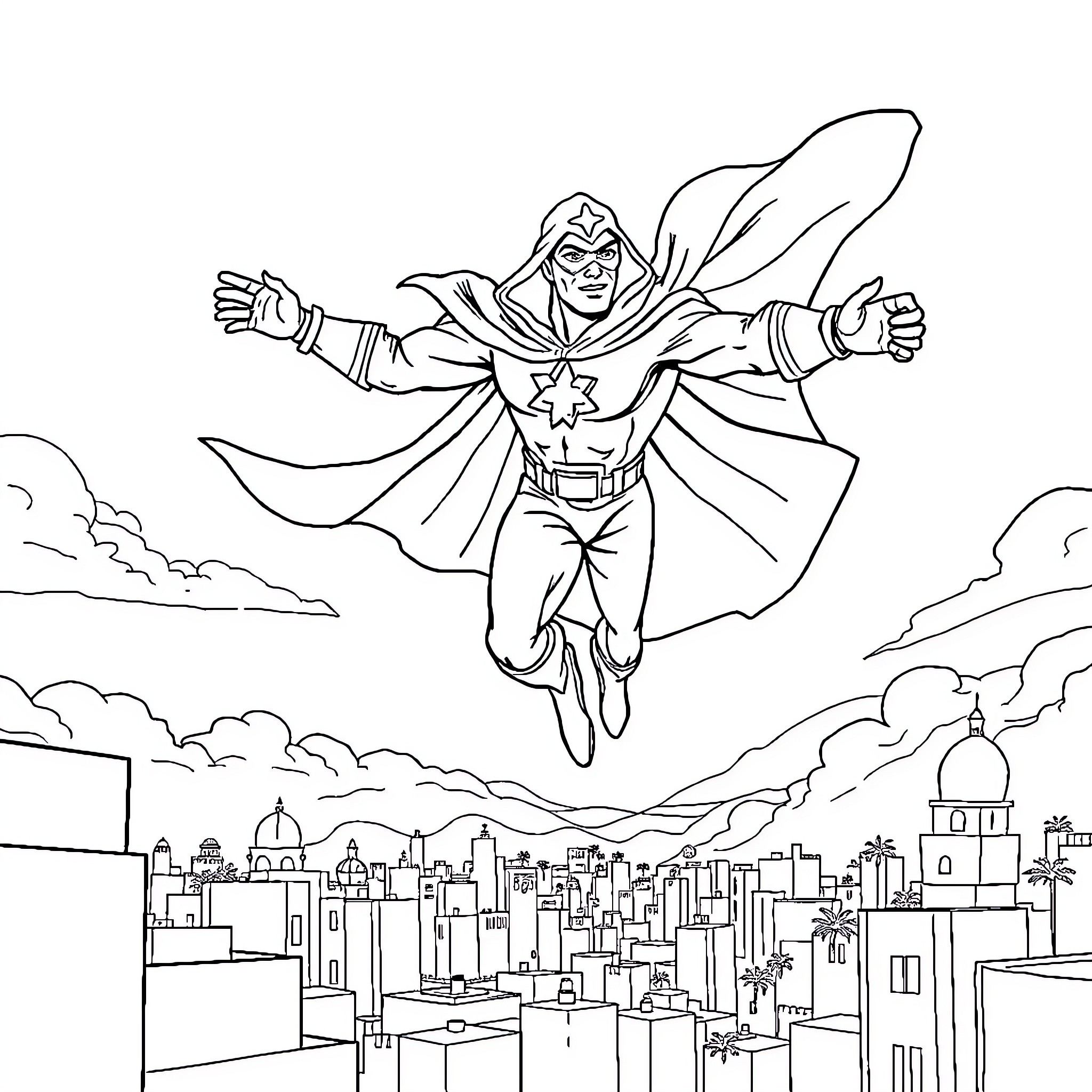 Superman heroically soaring over the city Coloring Page (free black-and-white line drawing printable PDF for all, from beginners to advanced learners, including children, teens, adults, and seniors)