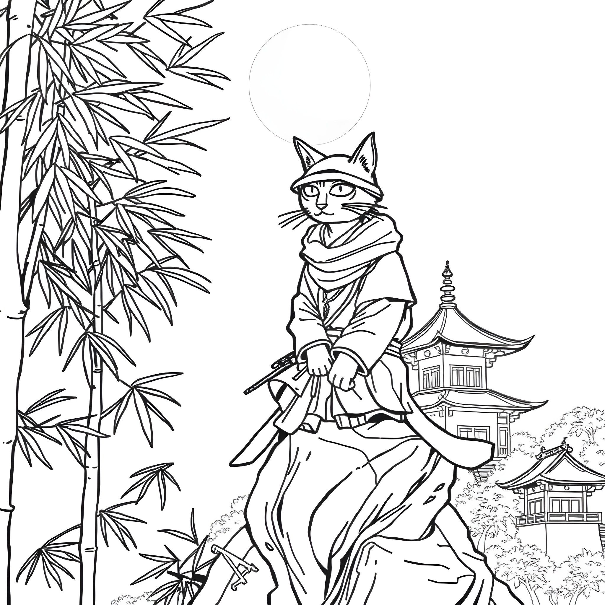 Ninja Cat Exploring Mysterious Bamboo Forest and Pagoda Coloring Page (free black-and-white line drawing printable PDF for all, from beginners to advanced learners, including children, teens, adults, and seniors)