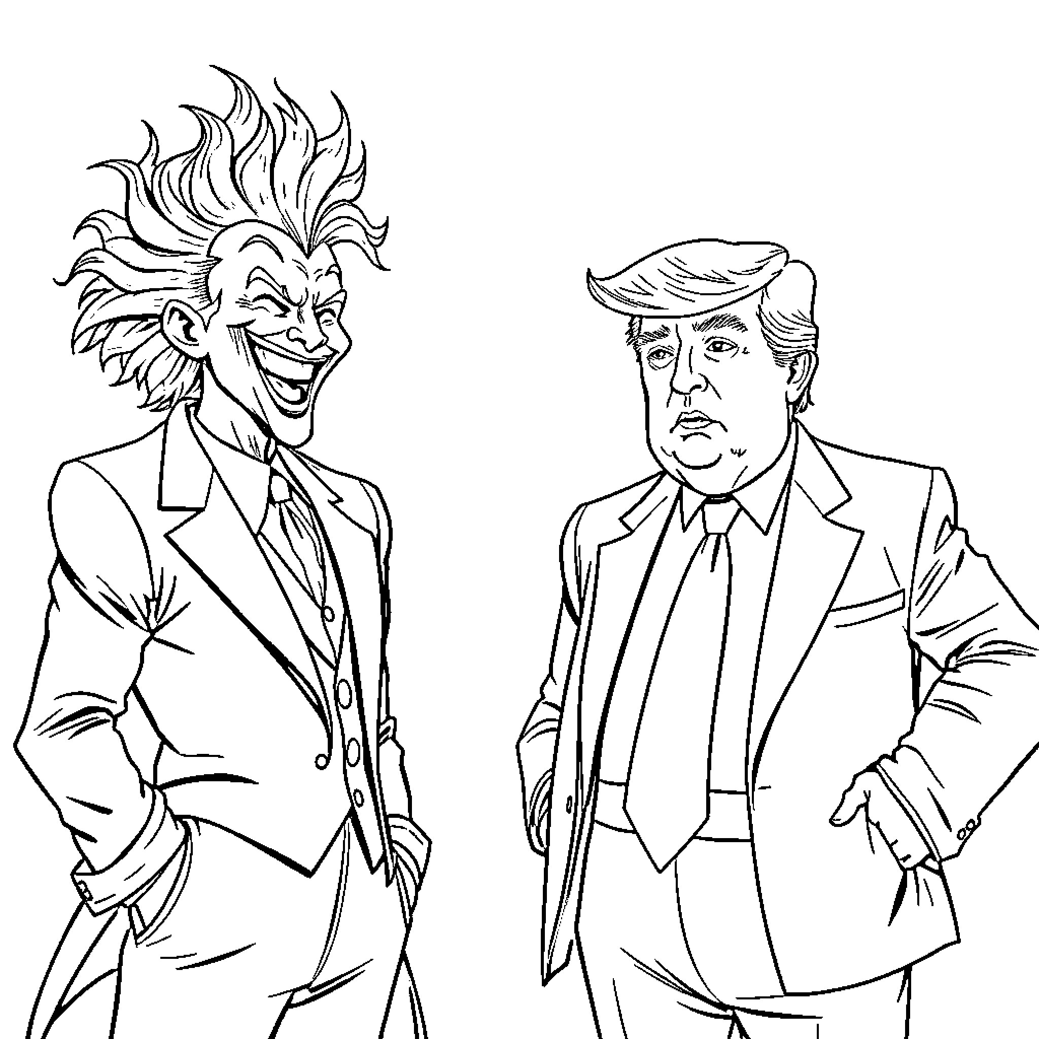 Joker and Trump in Formal Attire Coloring Page (free black-and-white line drawing printable PDF for all, from beginners to advanced learners, including children, teens, adults, and seniors)
