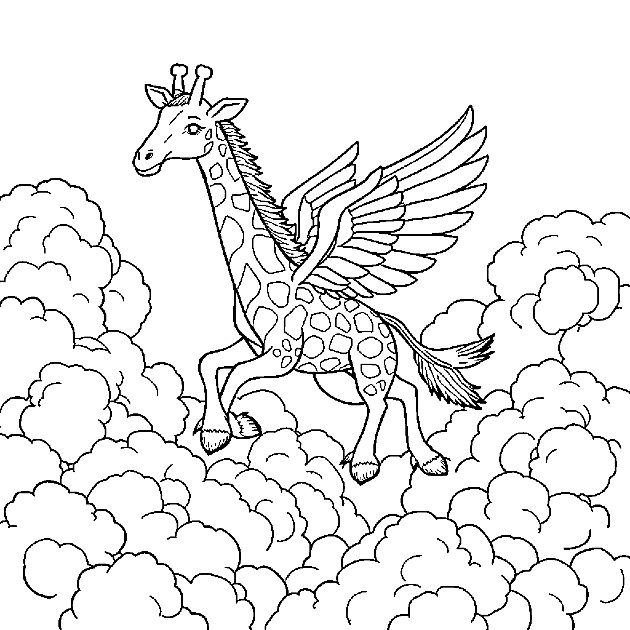 Giraffe with wings soaring through the clouds Coloring Page (free black-and-white line drawing printable PDF for all, from beginners to advanced learners, including children, teens, adults, and seniors)