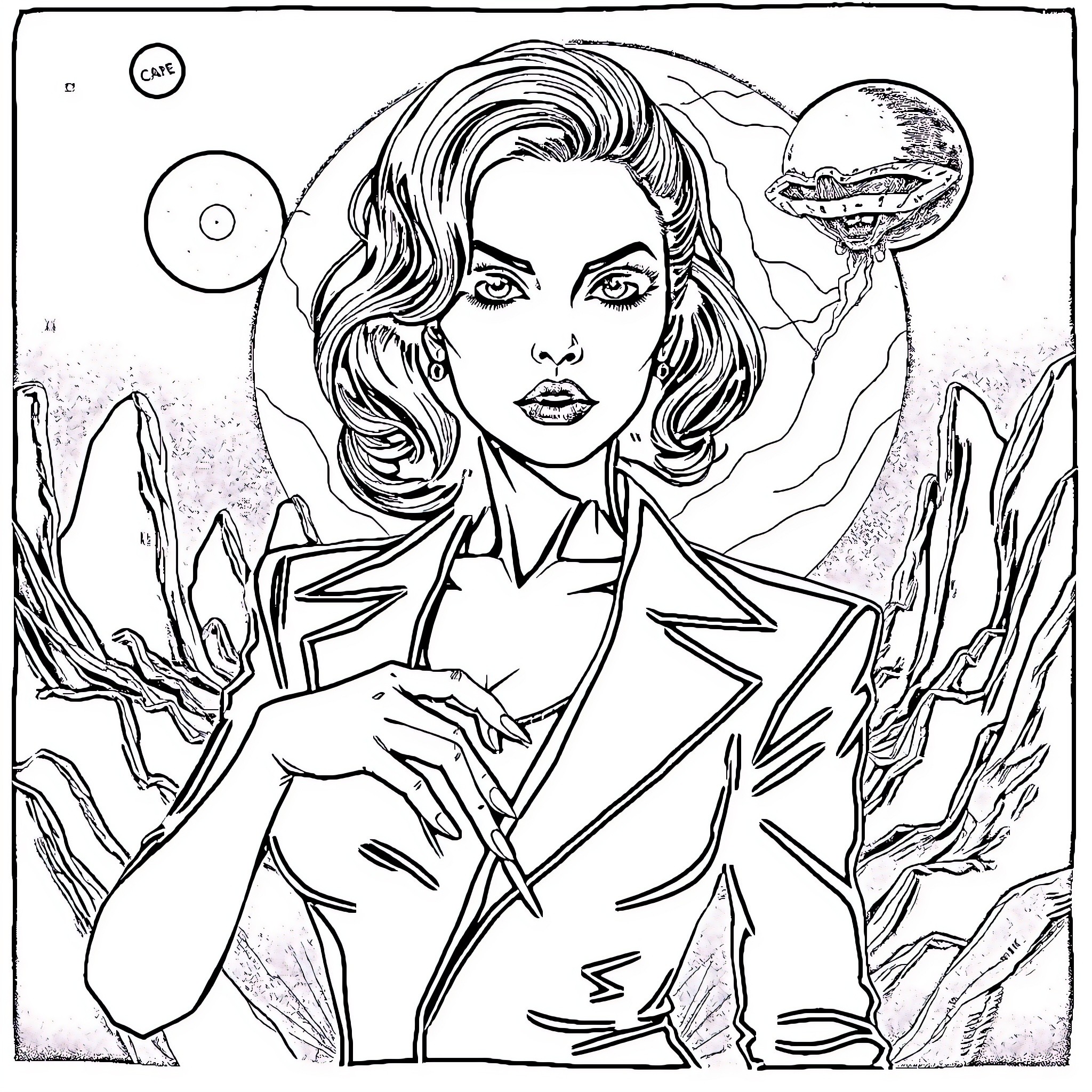 Femme Fatale in a Futuristic Landscape Coloring Page (free black-and-white line drawing printable PDF for all, from beginners to advanced learners, including children, teens, adults, and seniors)