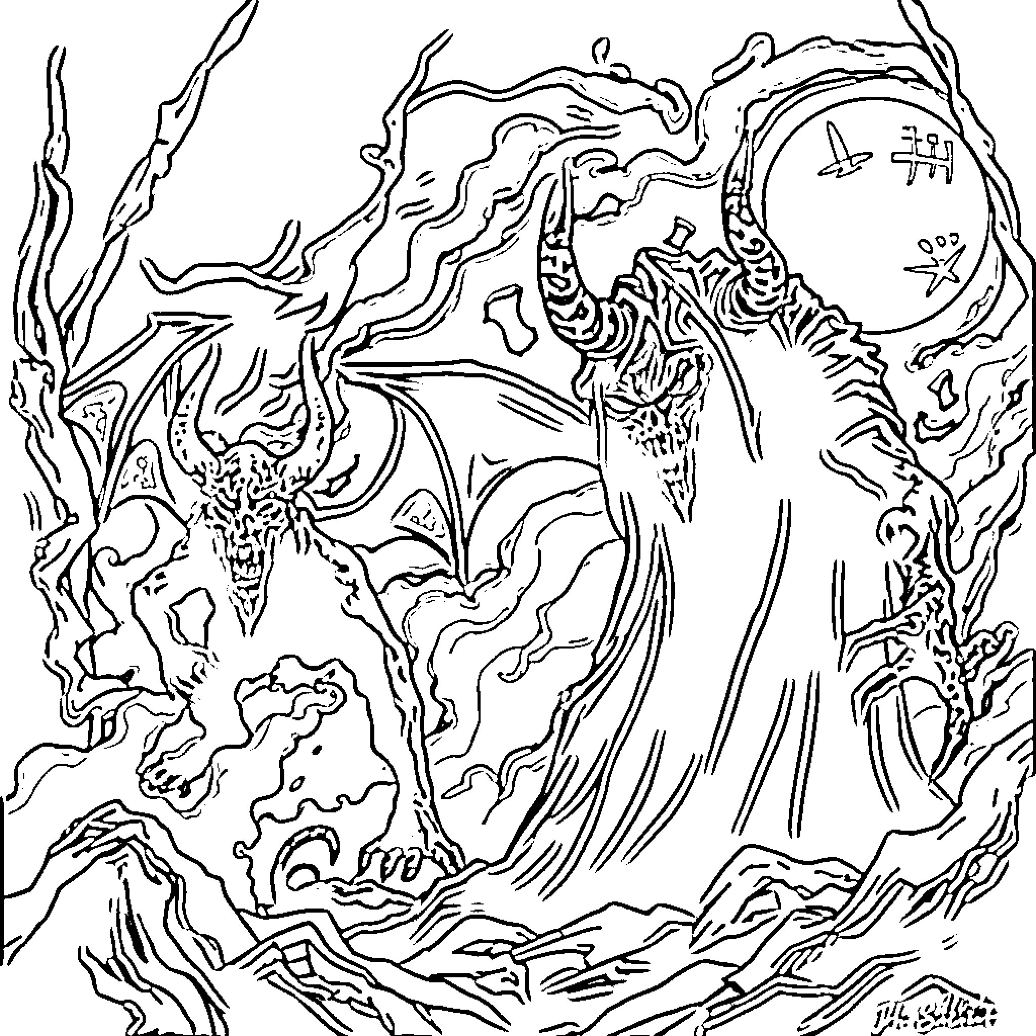 Demon Unleashing Otherworldly Chaos in Surreal Realm Coloring Page (free black-and-white line drawing printable PDF for all, from beginners to advanced learners, including children, teens, adults, and seniors)