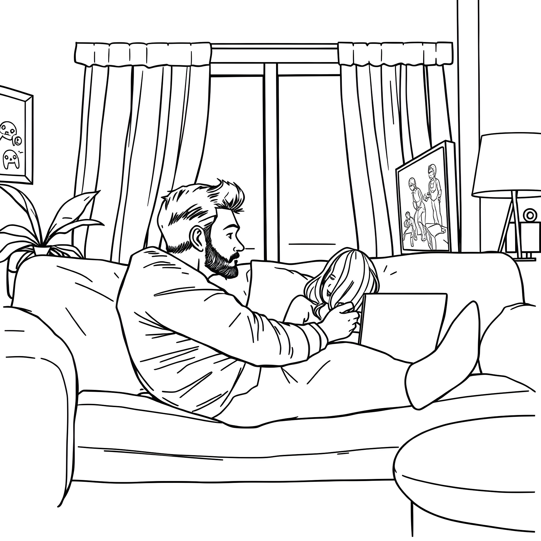 Husband relaxing comfortably with his wife on the sofa Coloring Page (free black-and-white line drawing printable PDF for all, from beginners to advanced learners, including children, teens, adults, and seniors)