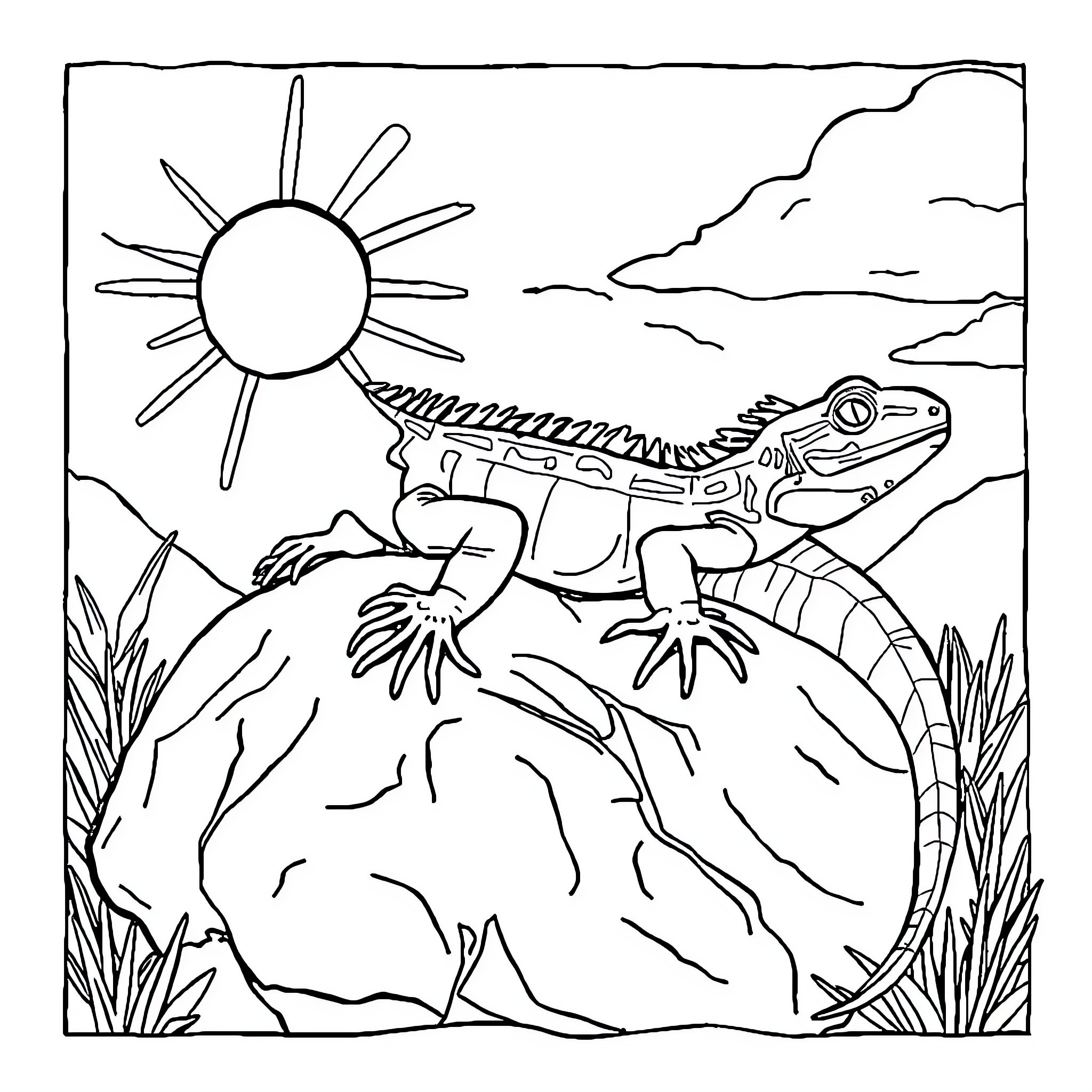 Lizard basking in the sun on a rocky outcrop Coloring Page (free black-and-white line drawing printable PDF for all, from beginners to advanced learners, including children, teens, adults, and seniors)