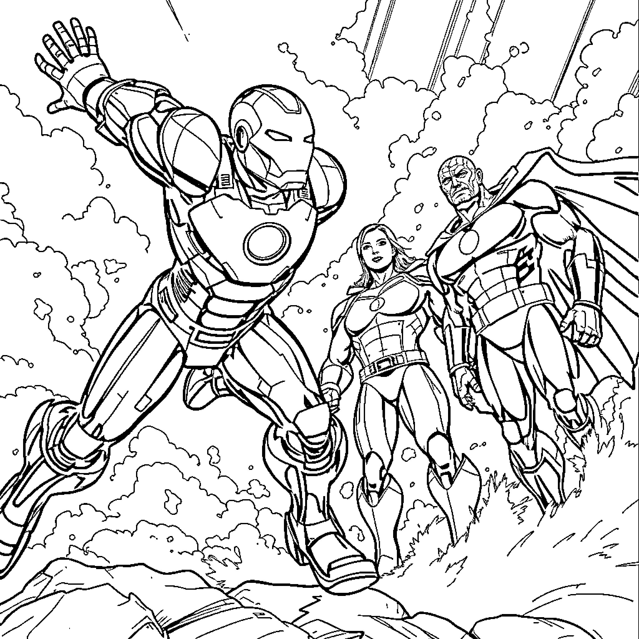 Ironman heroic team in action against adversaries Coloring Page (free black-and-white line drawing printable PDF for all, from beginners to advanced learners, including children, teens, adults, and seniors)