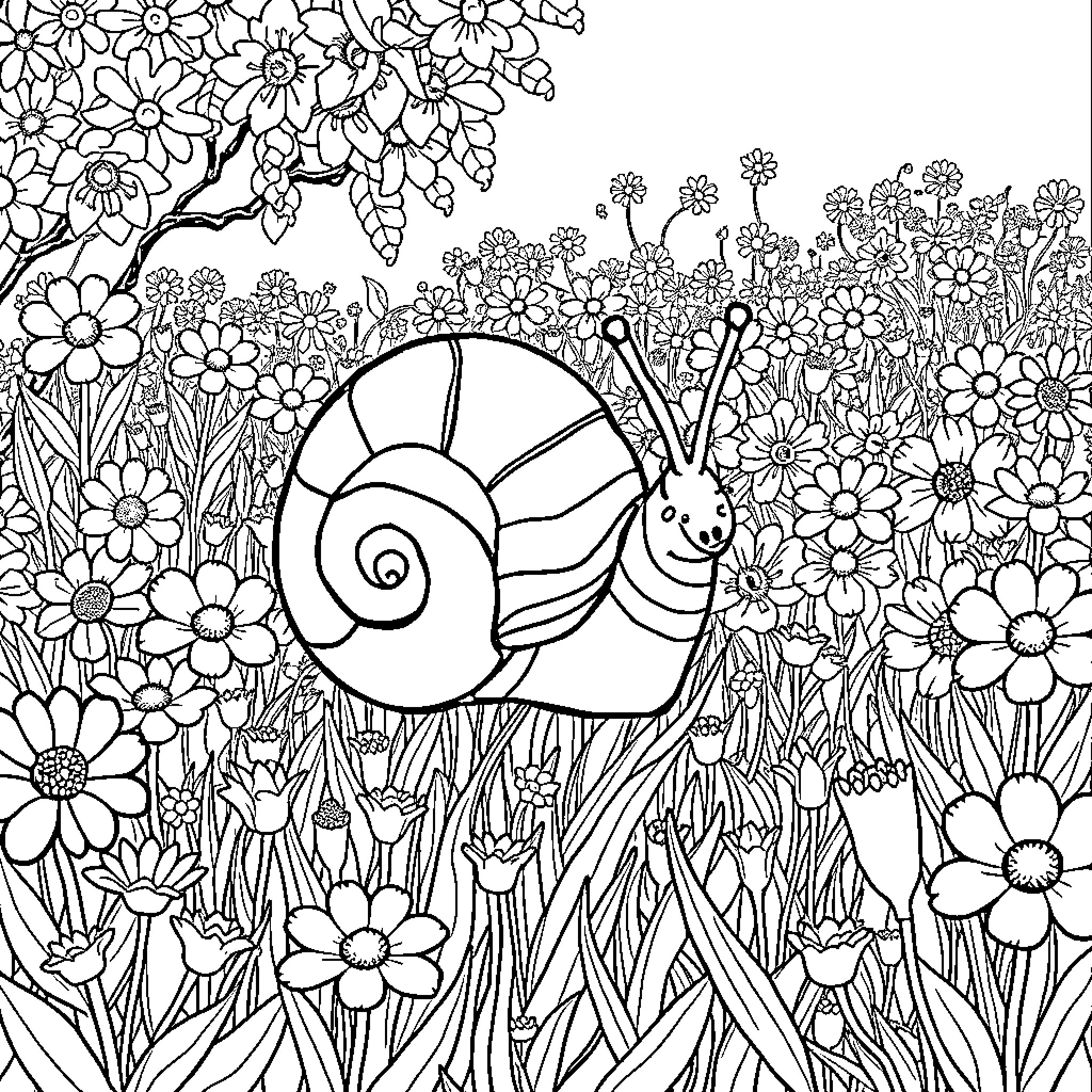 Snail amidst vibrant floral garden Coloring Page (free black-and-white line drawing printable PDF for all, from beginners to advanced learners, including children, teens, adults, and seniors)