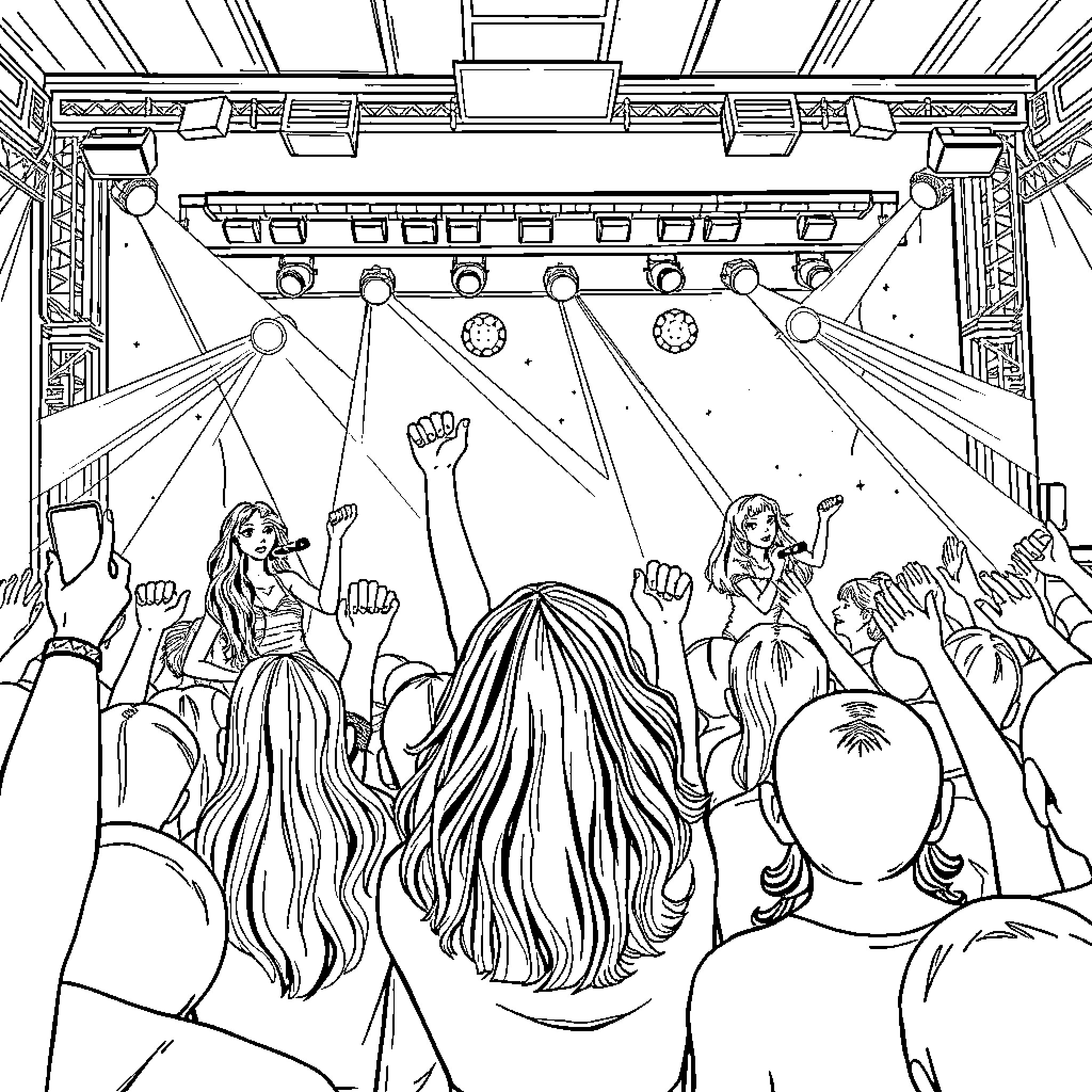 Girl Band Rocking the Stage with Energetic Fans Coloring Page (free black-and-white line drawing printable PDF for all, from beginners to advanced learners, including children, teens, adults, and seniors)