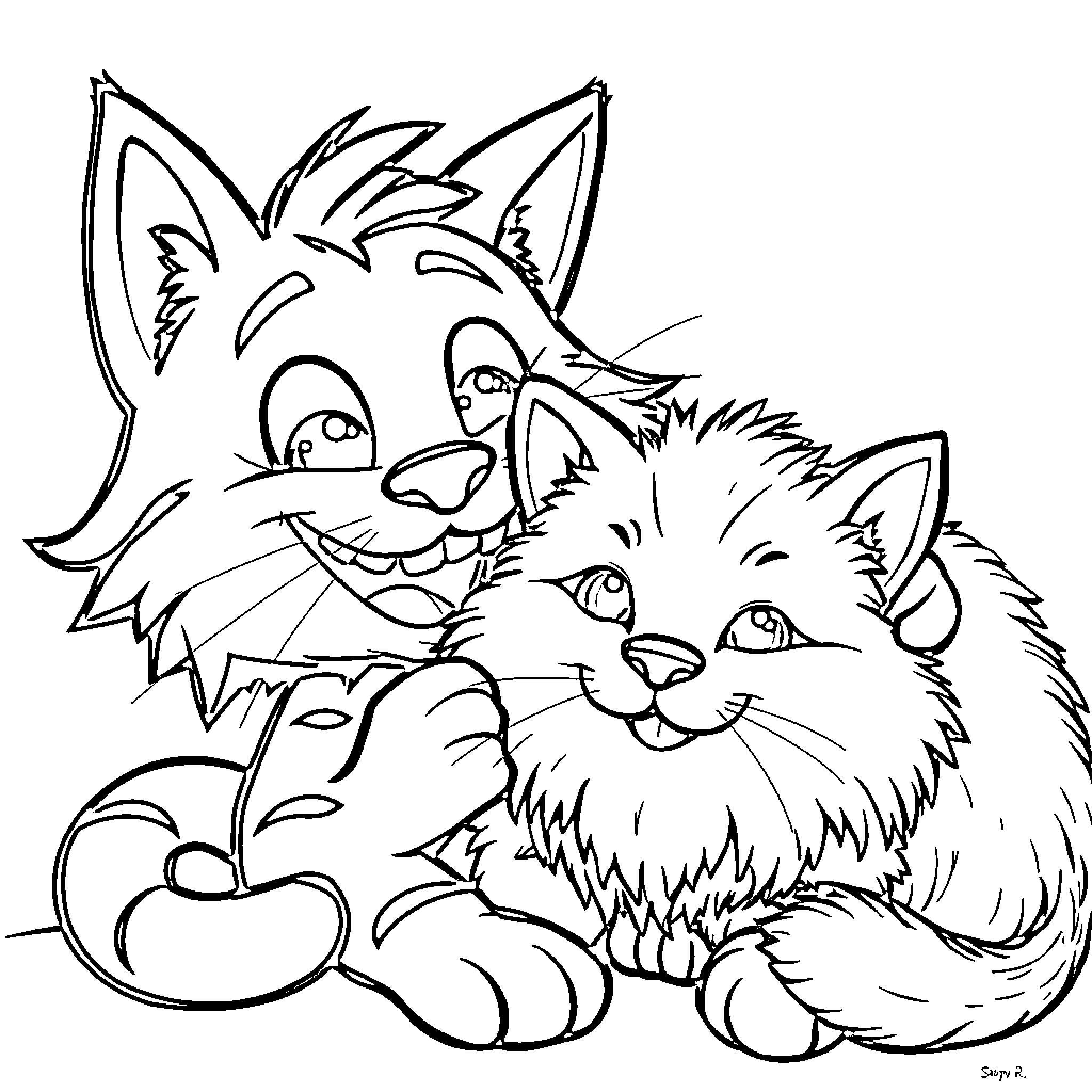 Cat duo playing and cuddling Coloring Page (free black-and-white line drawing printable PDF for all, from beginners to advanced learners, including children, teens, adults, and seniors)