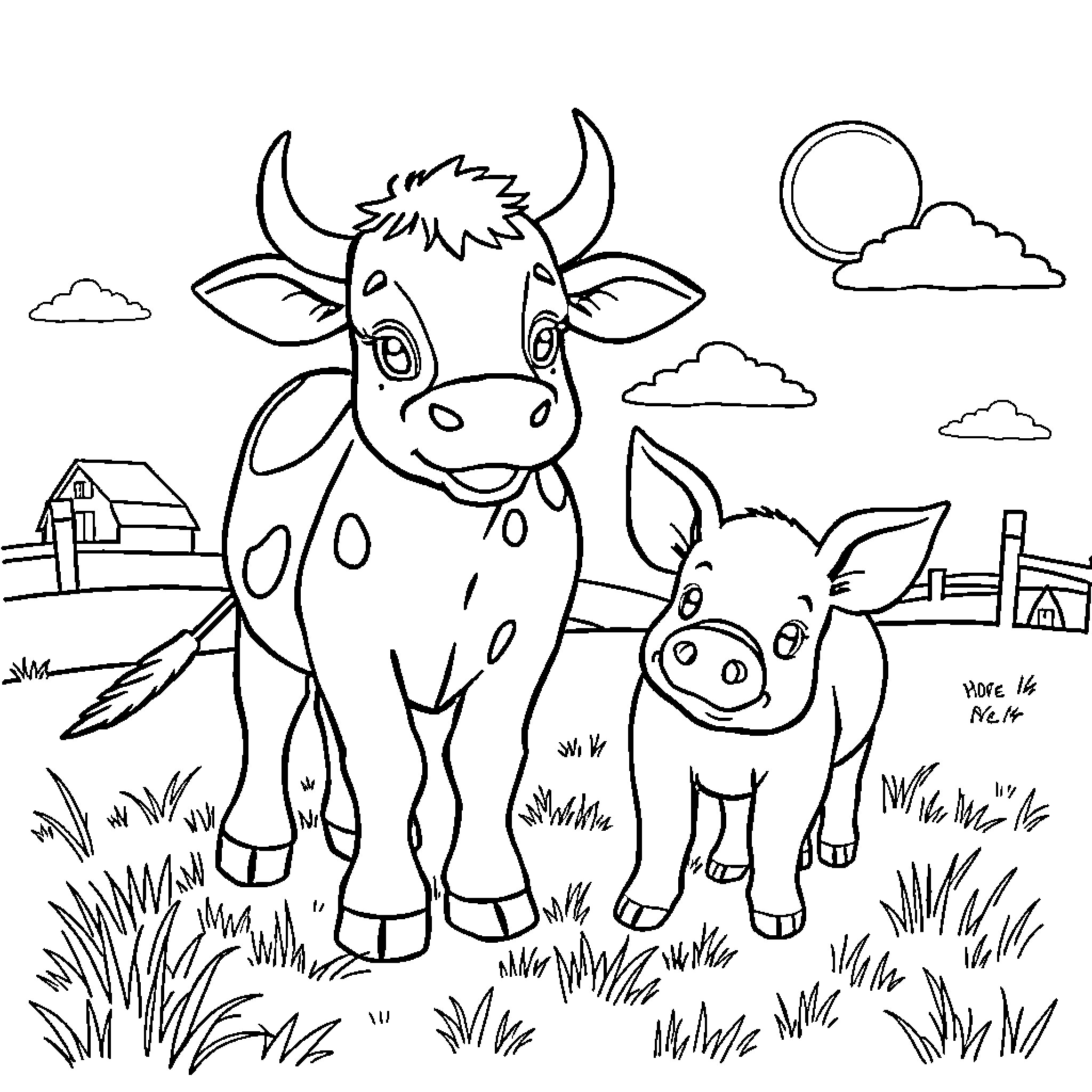 Baby Cow and Piglet Playing in the Farm Coloring Page (free black-and-white line drawing printable PDF for all, from beginners to advanced learners, including children, teens, adults, and seniors)