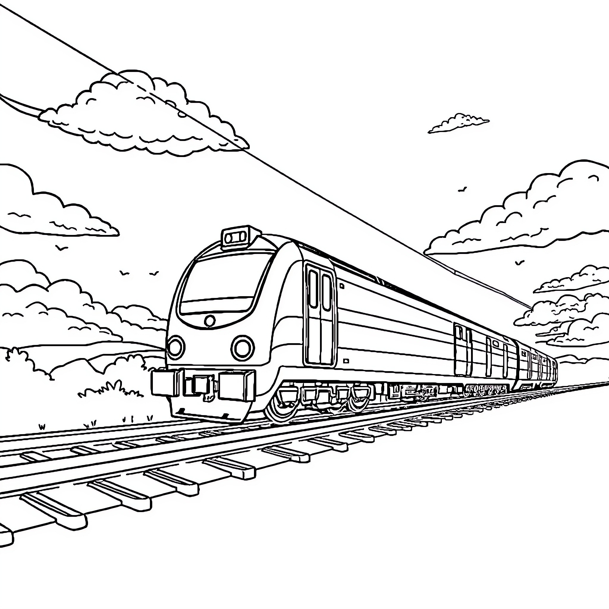 Flying Train speeding through the clouds Coloring Page (free black-and-white line drawing printable PDF for all, from beginners to advanced learners, including children, teens, adults, and seniors)