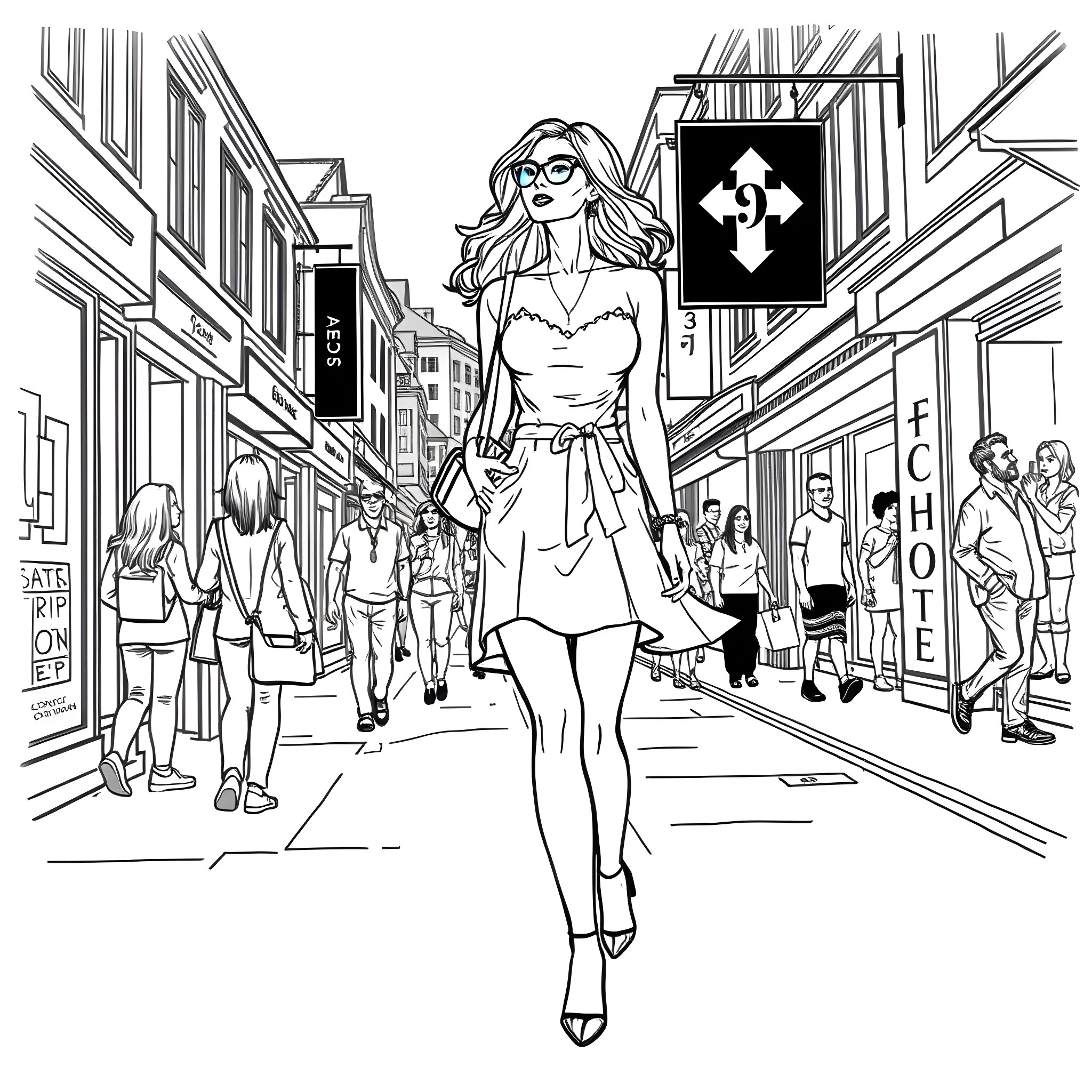 Lady Walks Confidently Through Bustling City Street Coloring Page (free black-and-white line drawing printable PDF for all, from beginners to advanced learners, including children, teens, adults, and seniors)
