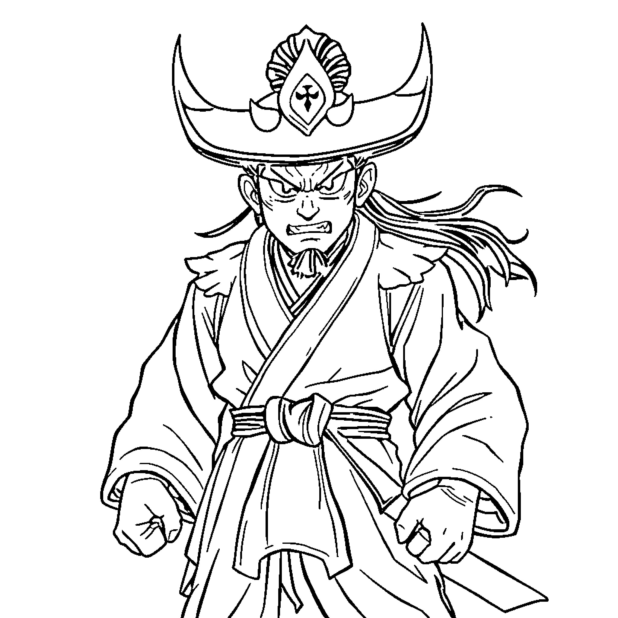 Toji Zenin, the Stern Samurai Warrior Coloring Page (free black-and-white line drawing printable PDF for all, from beginners to advanced learners, including children, teens, adults, and seniors)