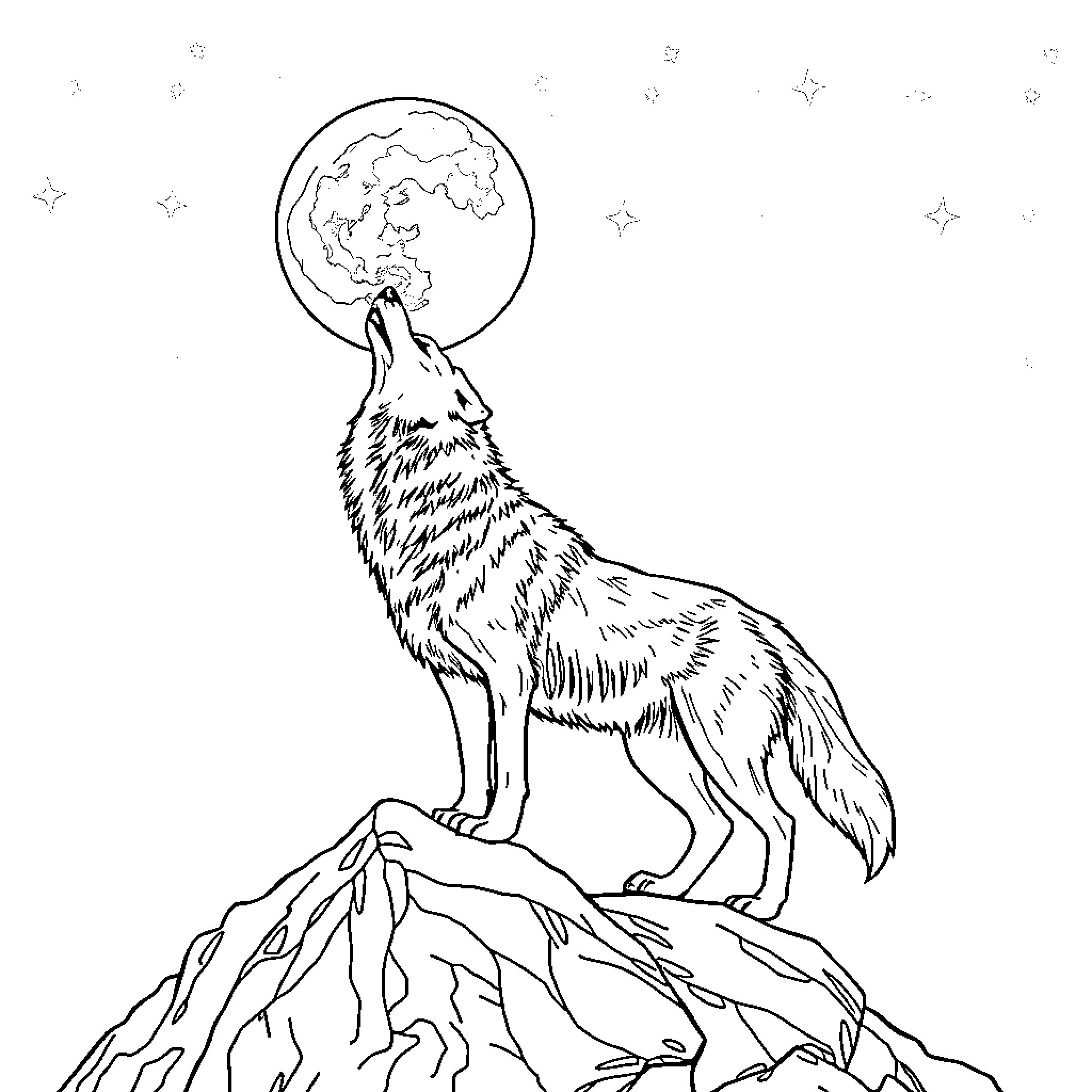 Wolf howling at the moon on a starry night Coloring Page (free black-and-white line drawing printable PDF for all, from beginners to advanced learners, including children, teens, adults, and seniors)