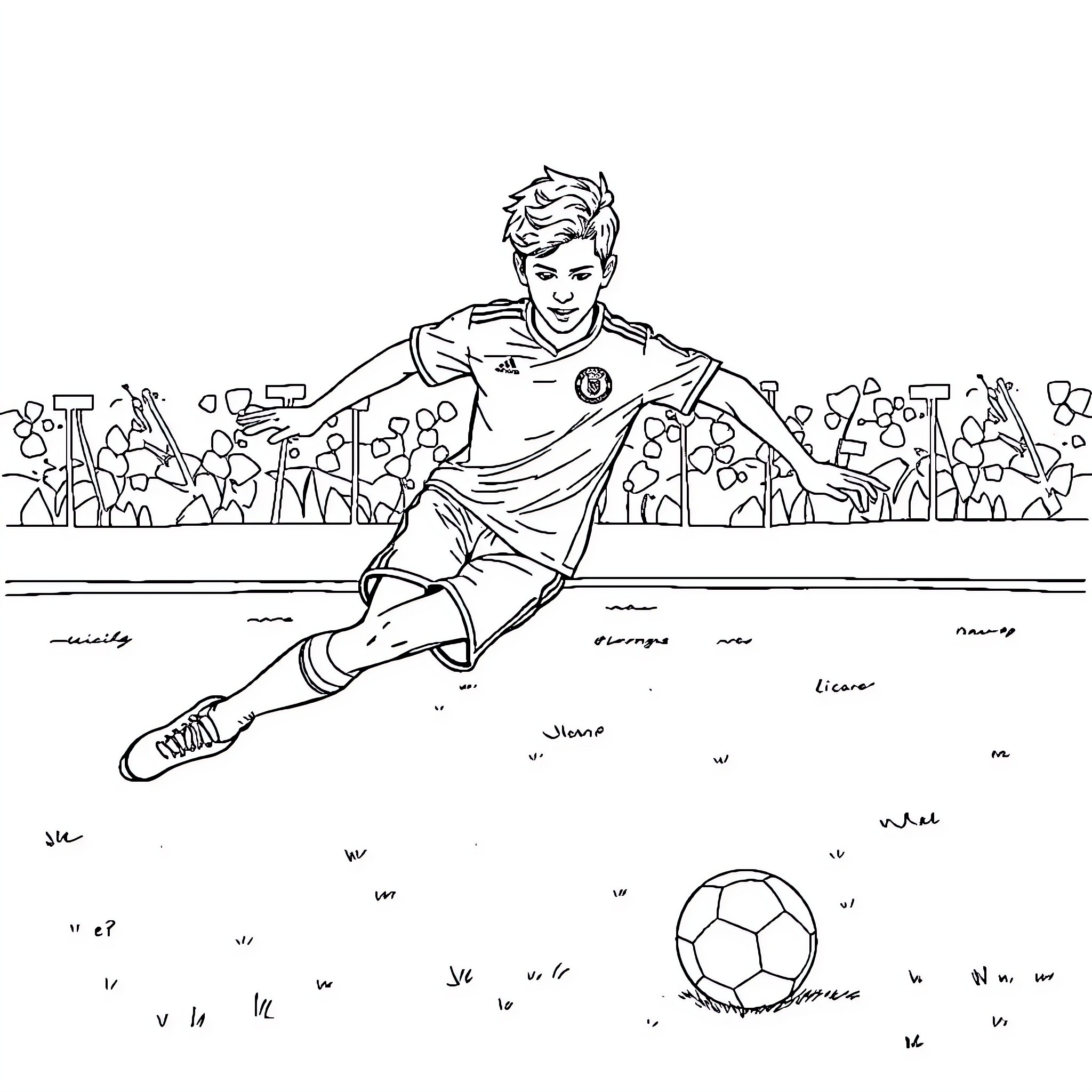 Micah Parson playing soccer on the field Coloring Page (free black-and-white line drawing printable PDF for all, from beginners to advanced learners, including children, teens, adults, and seniors)