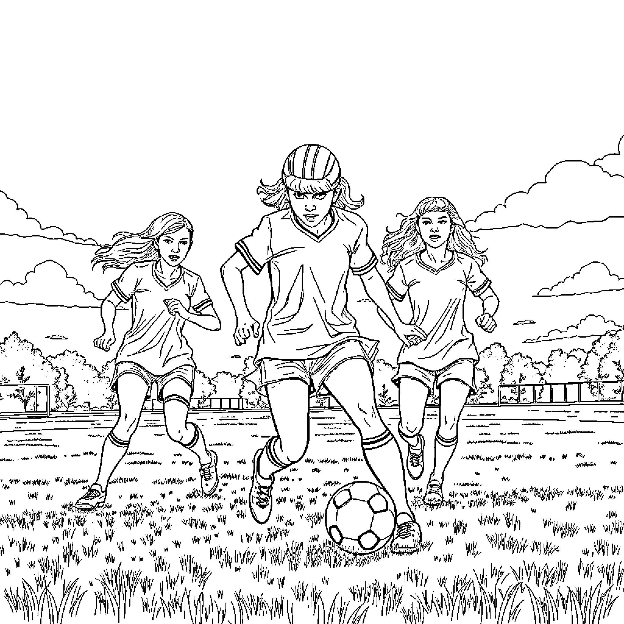 Taylor Swift and friends playing soccer on a sunny day Coloring Page (free black-and-white line drawing printable PDF for all, from beginners to advanced learners, including children, teens, adults, and seniors)