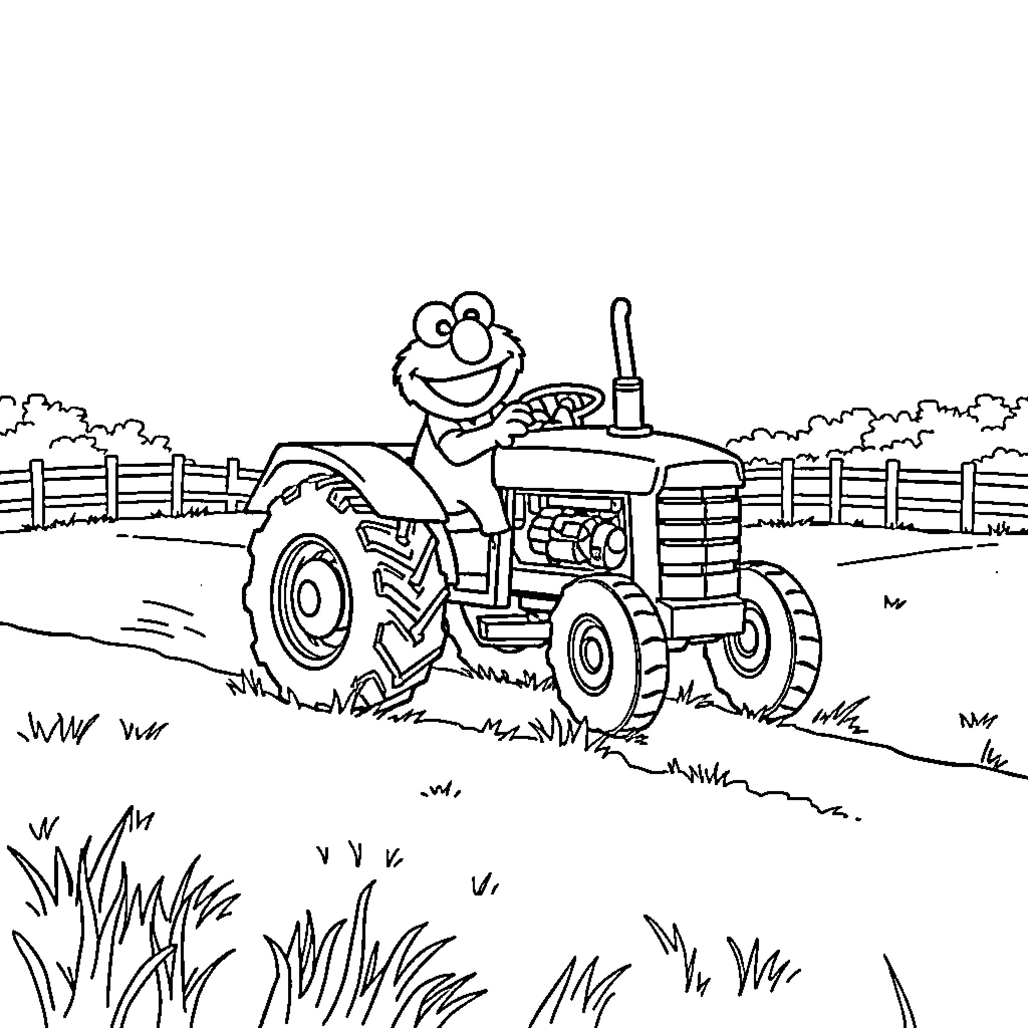 Elmo driving a tractor through the countryside Coloring Page (free black-and-white line drawing printable PDF for all, from beginners to advanced learners, including children, teens, adults, and seniors)