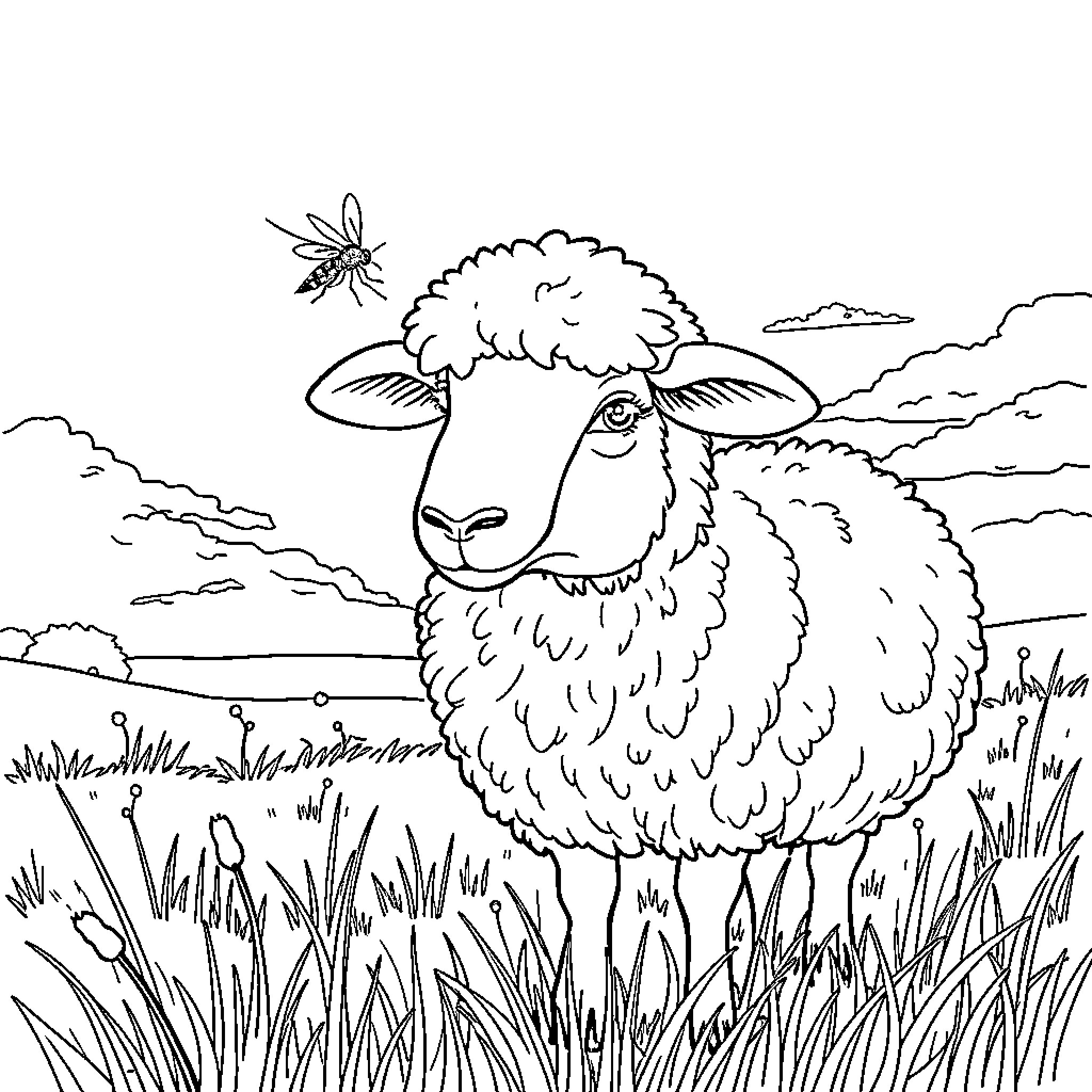 Mosquito buzzing around curious sheep in the countryside Coloring Page (free black-and-white line drawing printable PDF for all, from beginners to advanced learners, including children, teens, adults, and seniors)