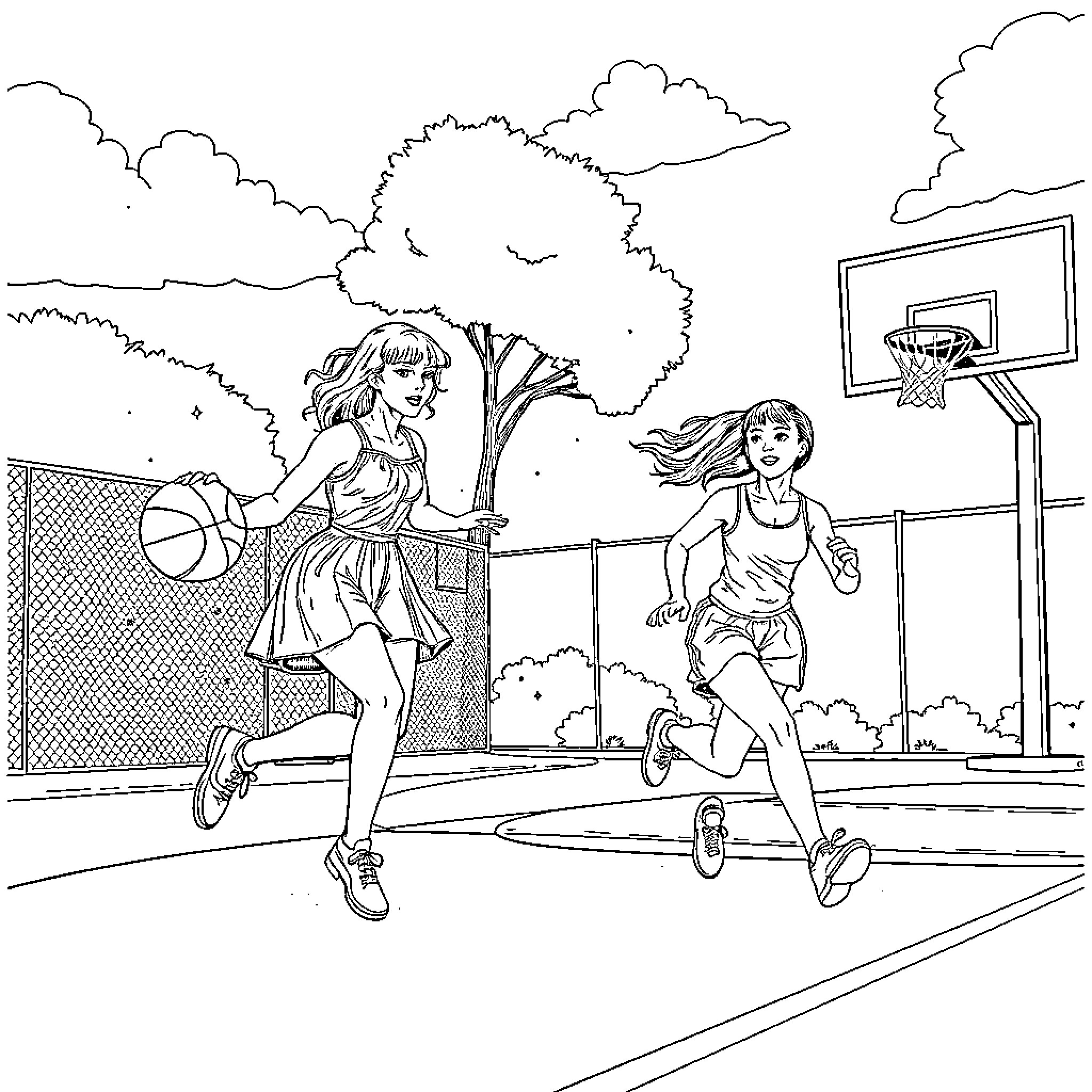 Taylor Swift playing basketball with friend on court Coloring Page (free black-and-white line drawing printable PDF for all, from beginners to advanced learners, including children, teens, adults, and seniors)