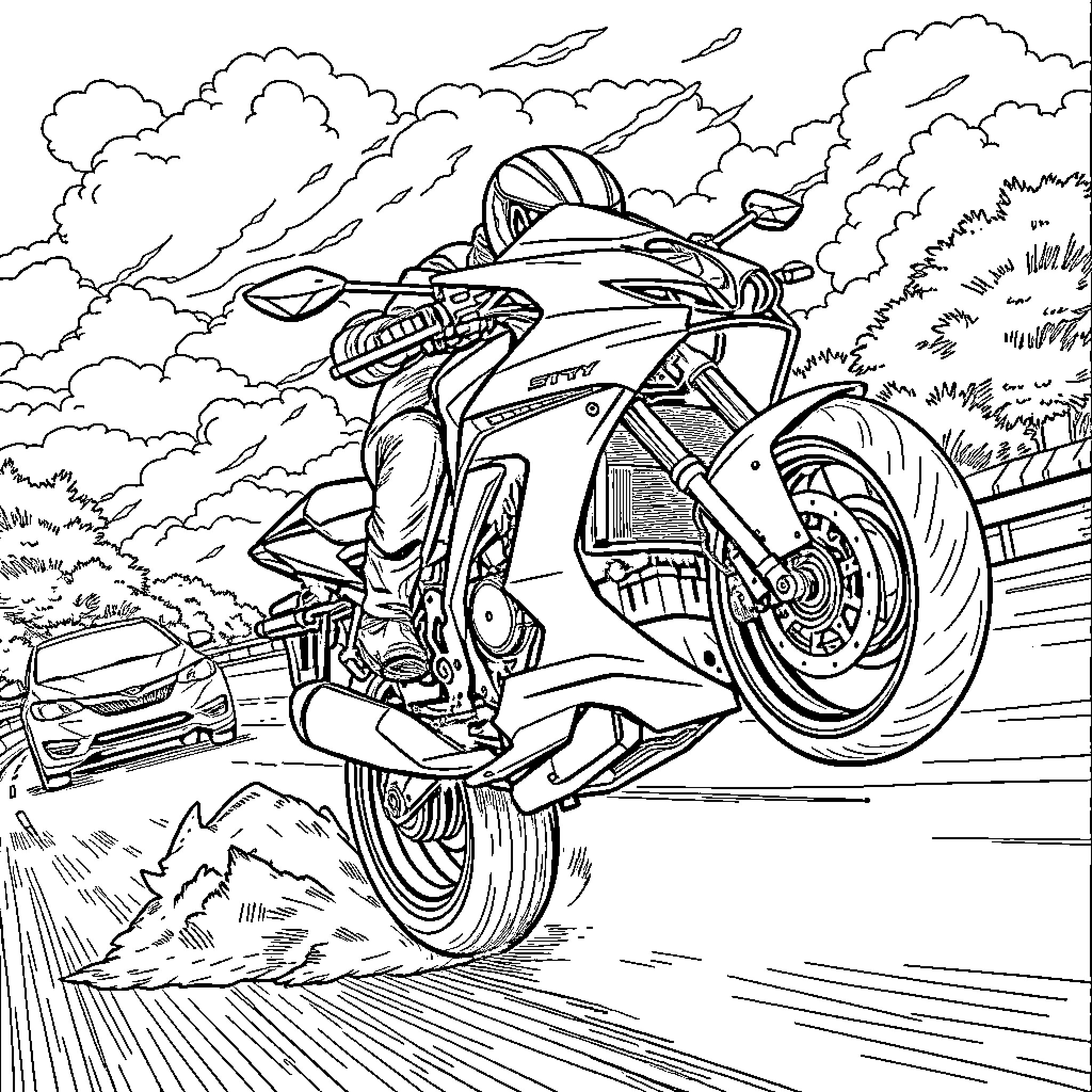 Motorcycle racing on winding road through cloudy landscape Coloring Page (free black-and-white line drawing printable PDF for all, from beginners to advanced learners, including children, teens, adults, and seniors)
