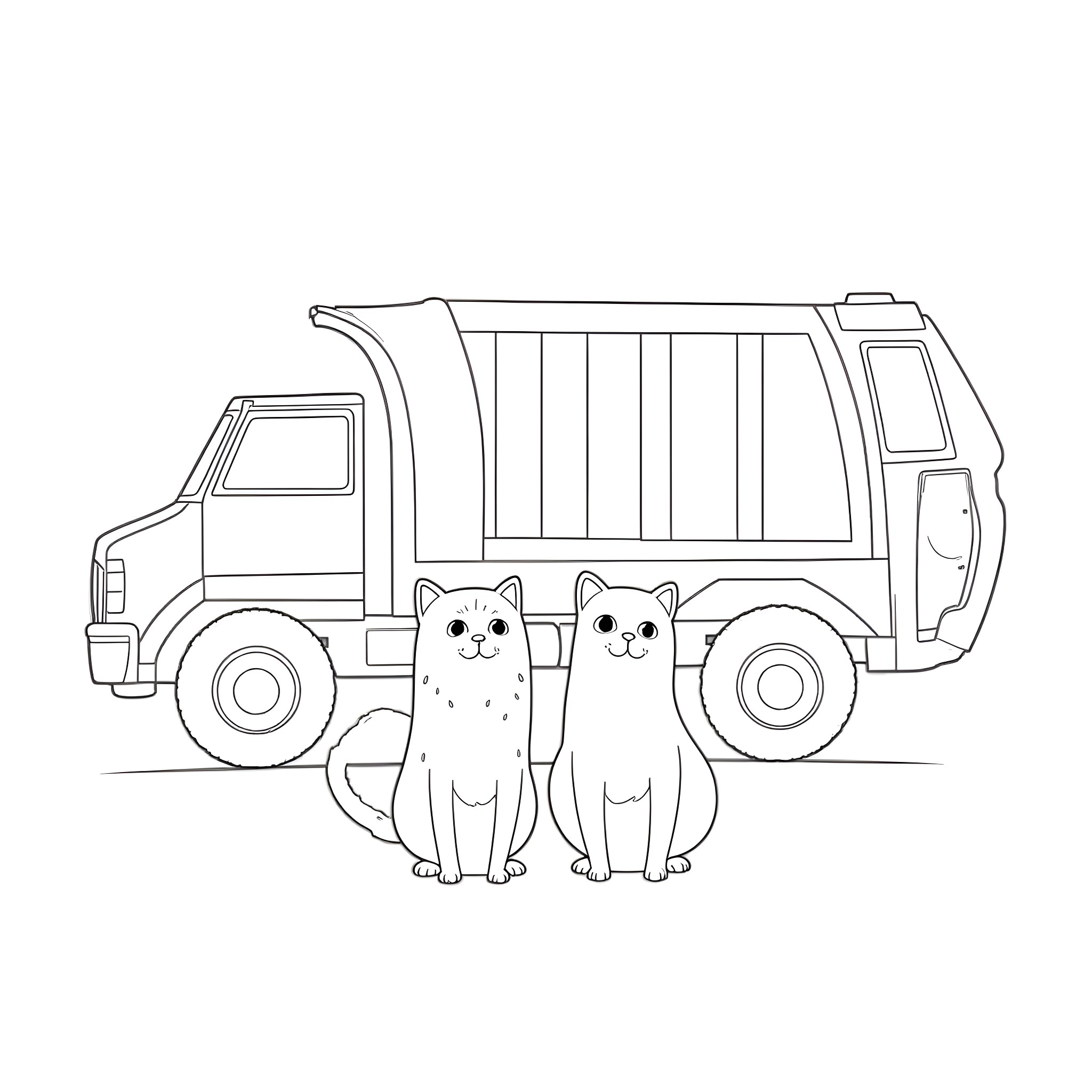 Big Cat Garbage Truck with Cute Cats Coloring Page (free black-and-white line drawing printable PDF for all, from beginners to advanced learners, including children, teens, adults, and seniors)