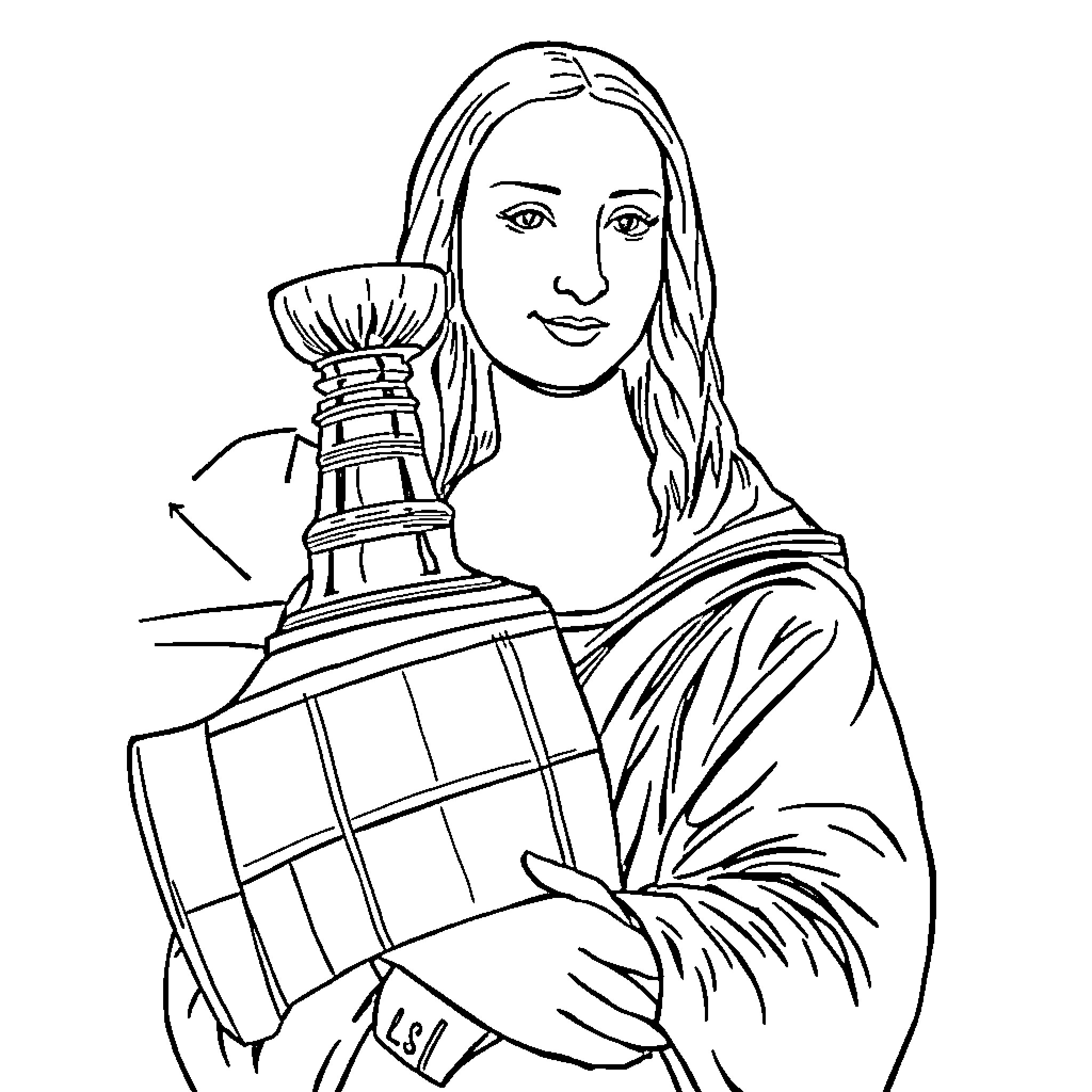 Mona Lisa Holding the Stanley Cup Trophy Coloring Page (free black-and-white line drawing printable PDF for all, from beginners to advanced learners, including children, teens, adults, and seniors)