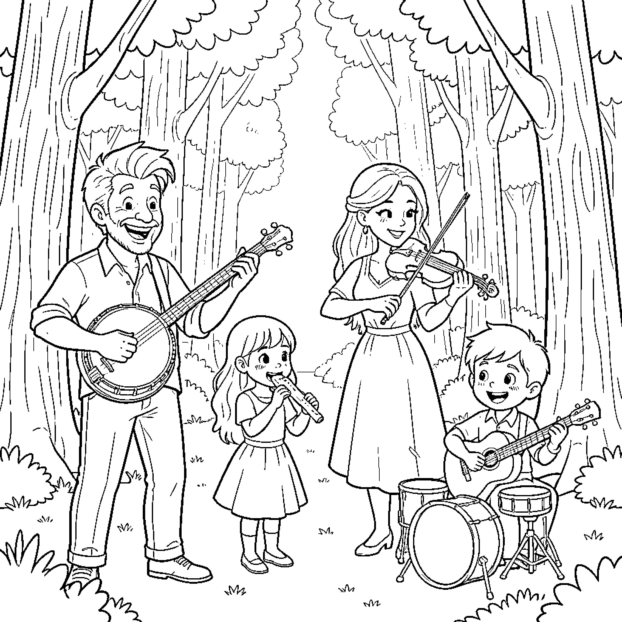 Musician family performing outdoors in nature Coloring Page (free black-and-white line drawing printable PDF for all, from beginners to advanced learners, including children, teens, adults, and seniors)