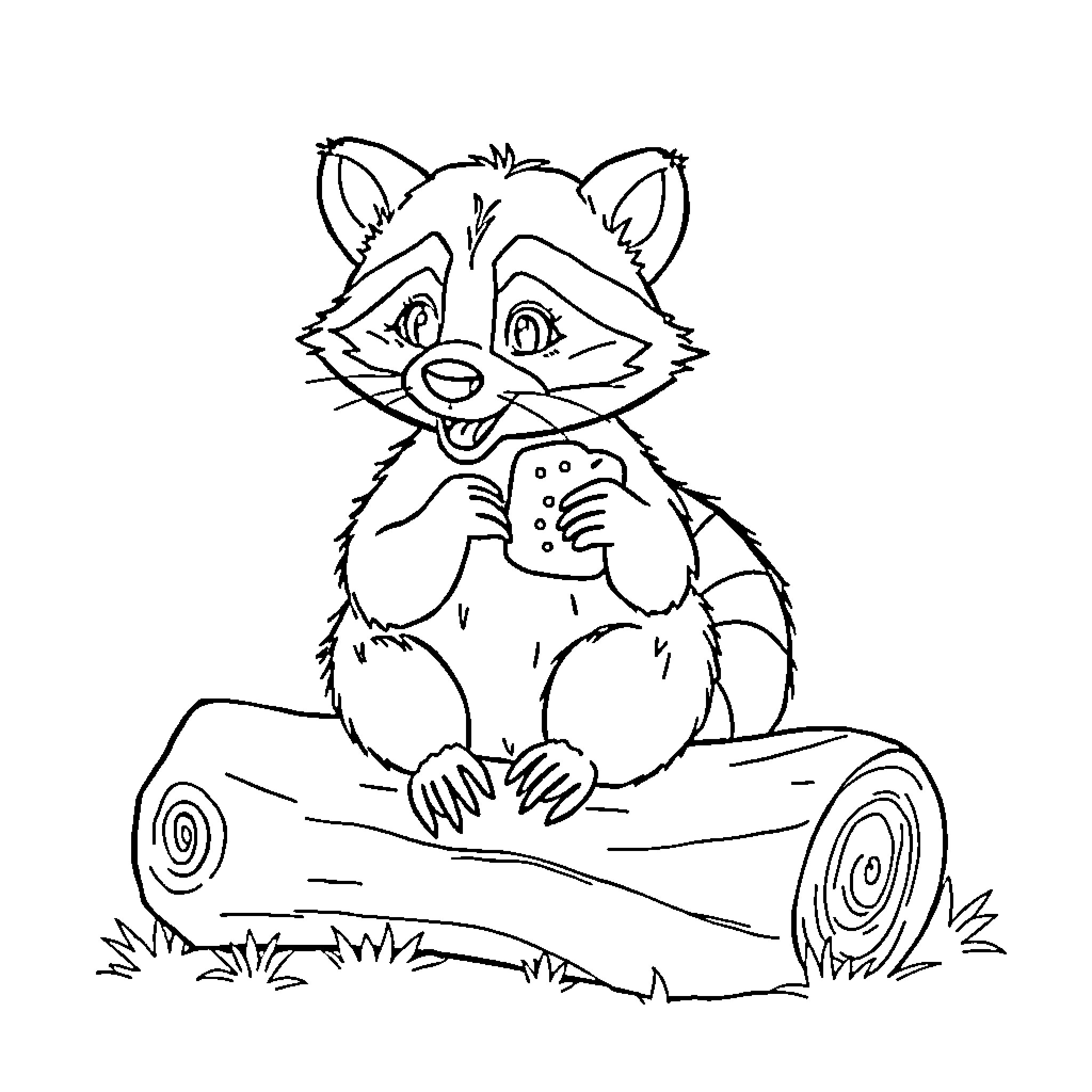 Raccoon Resting Peacefully on a Log Coloring Page (free black-and-white line drawing printable PDF for all, from beginners to advanced learners, including children, teens, adults, and seniors)