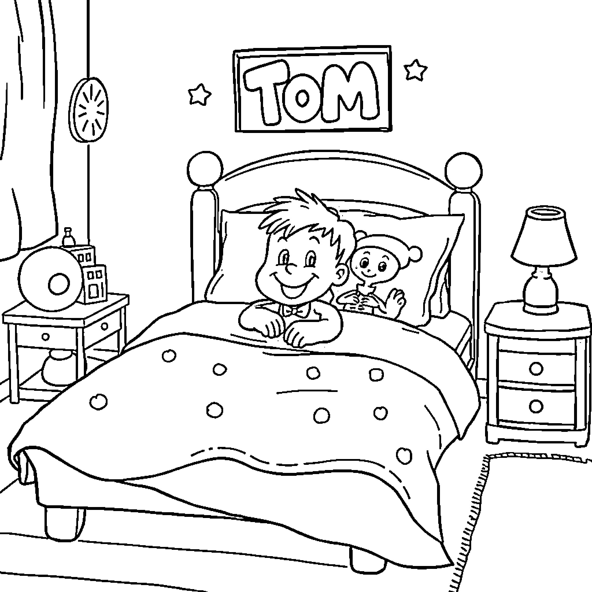 Tom relaxing with friend in cozy bedroom Coloring Page (free black-and-white line drawing printable PDF for all, from beginners to advanced learners, including children, teens, adults, and seniors)