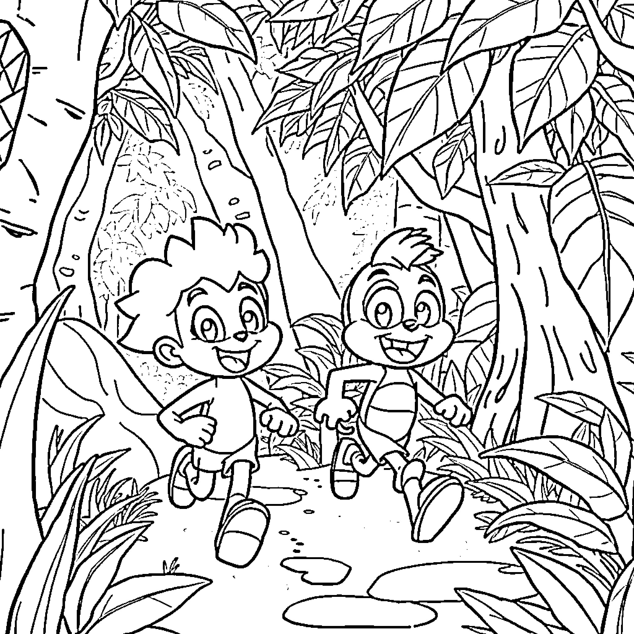 Bluey's Jungle Adventure Coloring Page (free black-and-white line drawing printable PDF for all, from beginners to advanced learners, including children, teens, adults, and seniors)