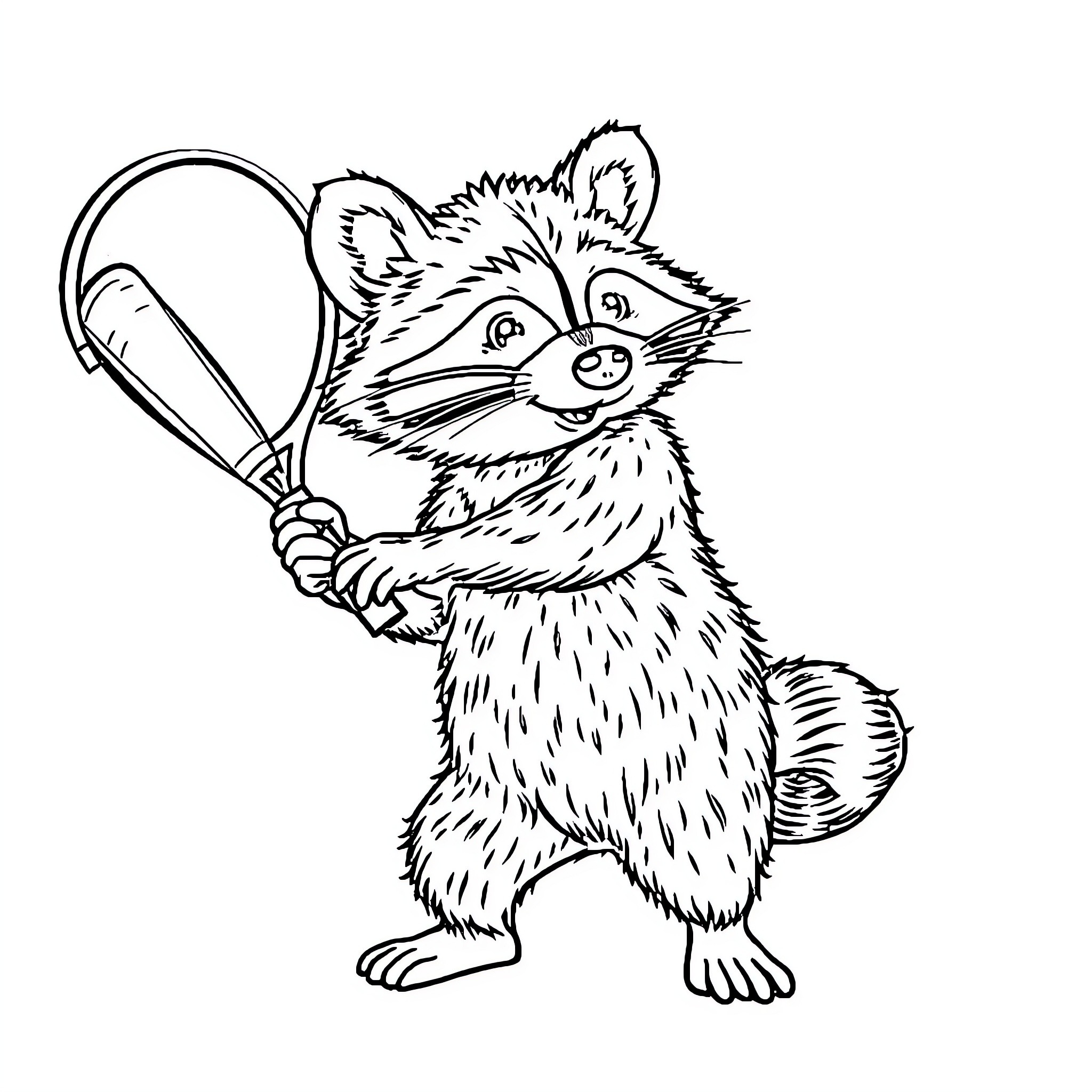 Raccoon wielding a tennis racket Coloring Page (free black-and-white line drawing printable PDF for all, from beginners to advanced learners, including children, teens, adults, and seniors)
