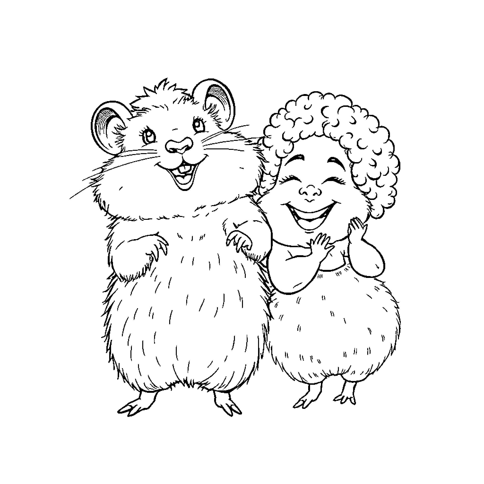 Hamster friends sharing a happy moment Coloring Page (free black-and-white line drawing printable PDF for all, from beginners to advanced learners, including children, teens, adults, and seniors)