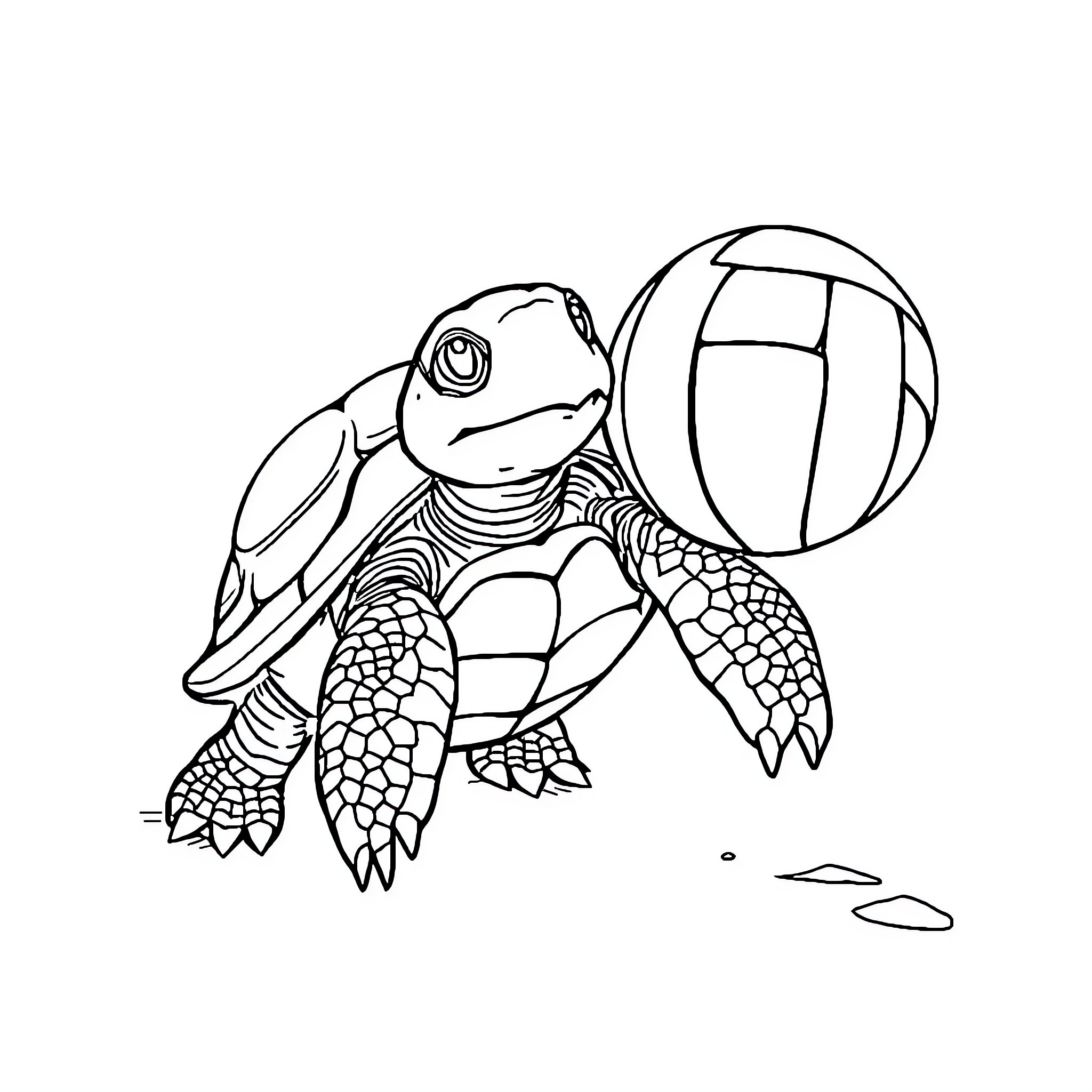 Turtle swimming with a beach ball Coloring Page (free black-and-white line drawing printable PDF for all, from beginners to advanced learners, including children, teens, adults, and seniors)