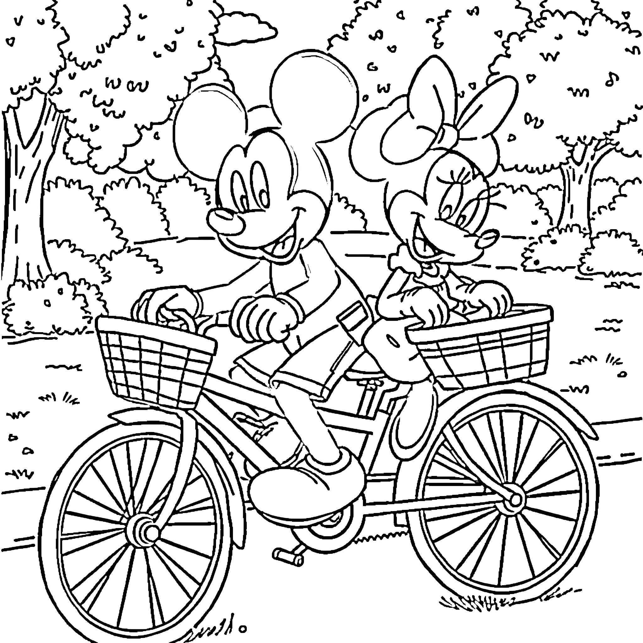 Mickey and Minnie's Bicycle Adventure Coloring Page (free black-and-white line drawing printable PDF for all, from beginners to advanced learners, including children, teens, adults, and seniors)
