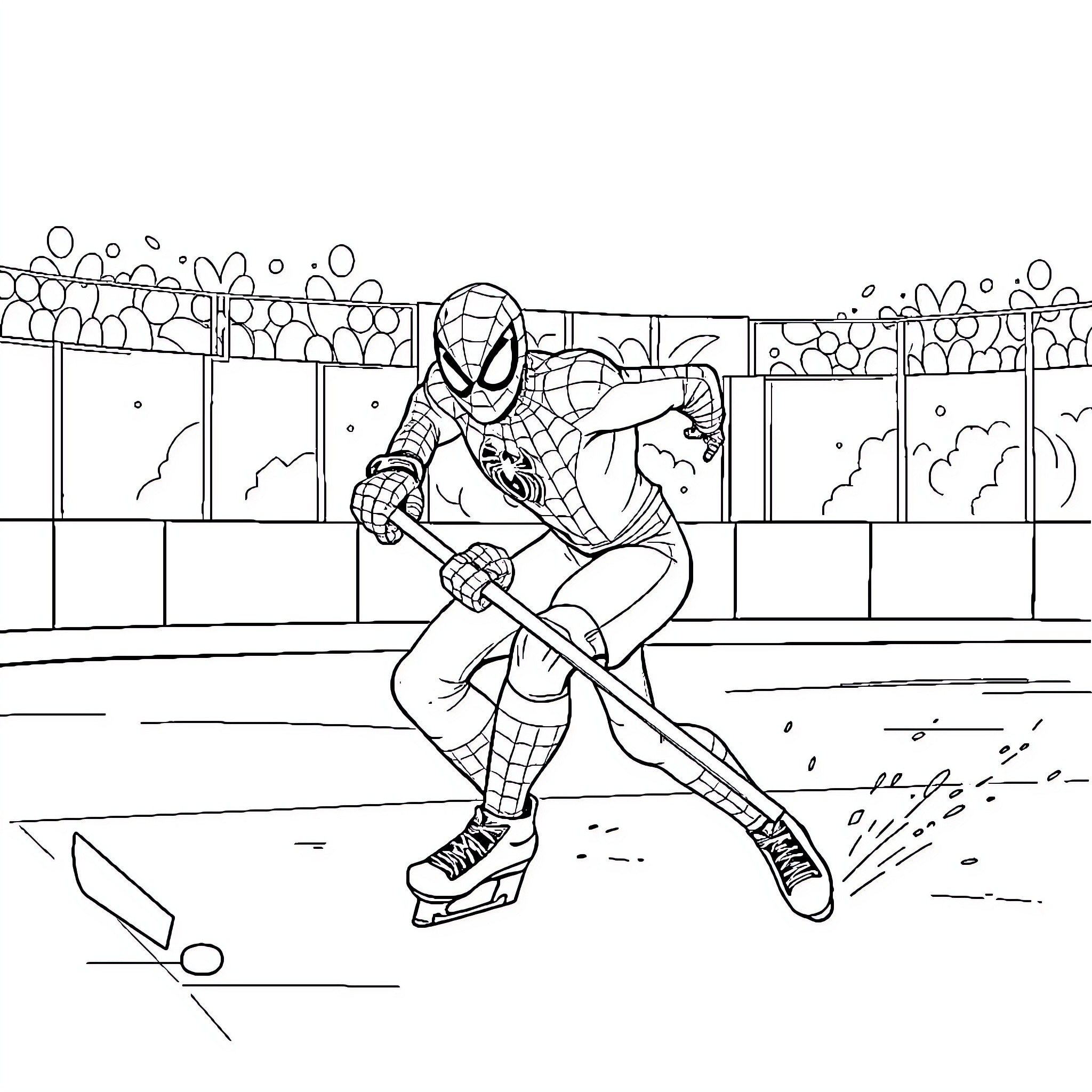Spider-Man skating in a sports stadium Coloring Page (free black-and-white line drawing printable PDF for all, from beginners to advanced learners, including children, teens, adults, and seniors)