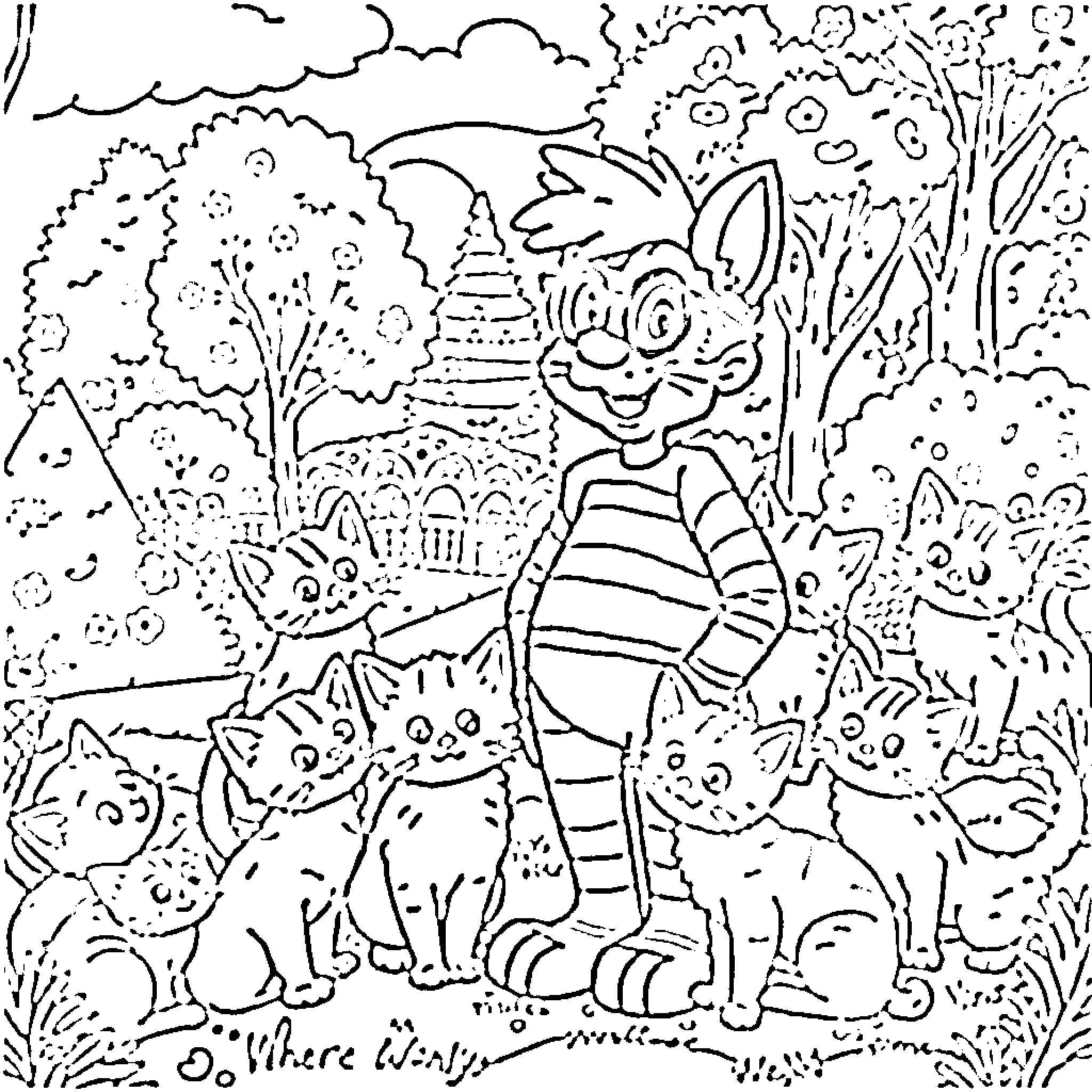 Wally's Whimsical Adventure in the Enchanted Forest Coloring Page (free black-and-white line drawing printable PDF for all, from beginners to advanced learners, including children, teens, adults, and seniors)