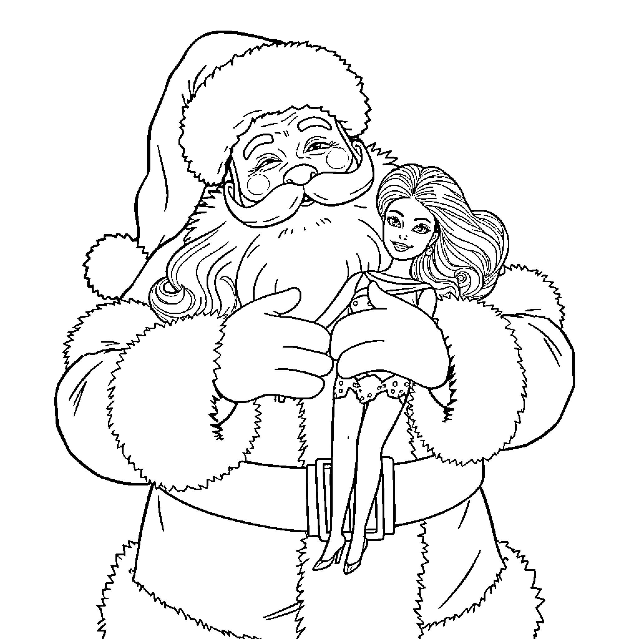 Santa Claus embracing a young girl Coloring Page (free black-and-white line drawing printable PDF for all, from beginners to advanced learners, including children, teens, adults, and seniors)
