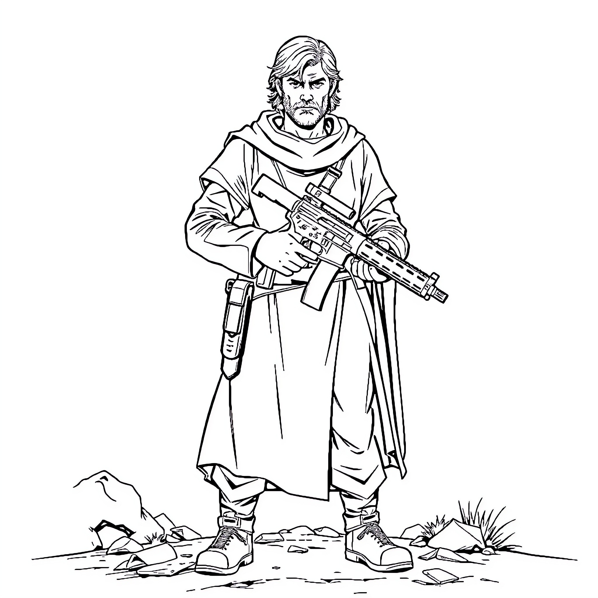 John 117 in battle-ready stance with firearm Coloring Page (free black-and-white line drawing printable PDF for all, from beginners to advanced learners, including children, teens, adults, and seniors)