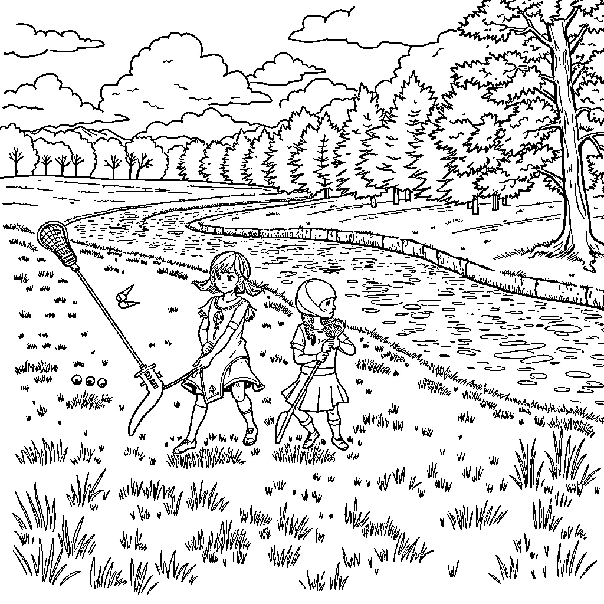 Children exploring nature on a woodland trail Coloring Page (free black-and-white line drawing printable PDF for all, from beginners to advanced learners, including children, teens, adults, and seniors)