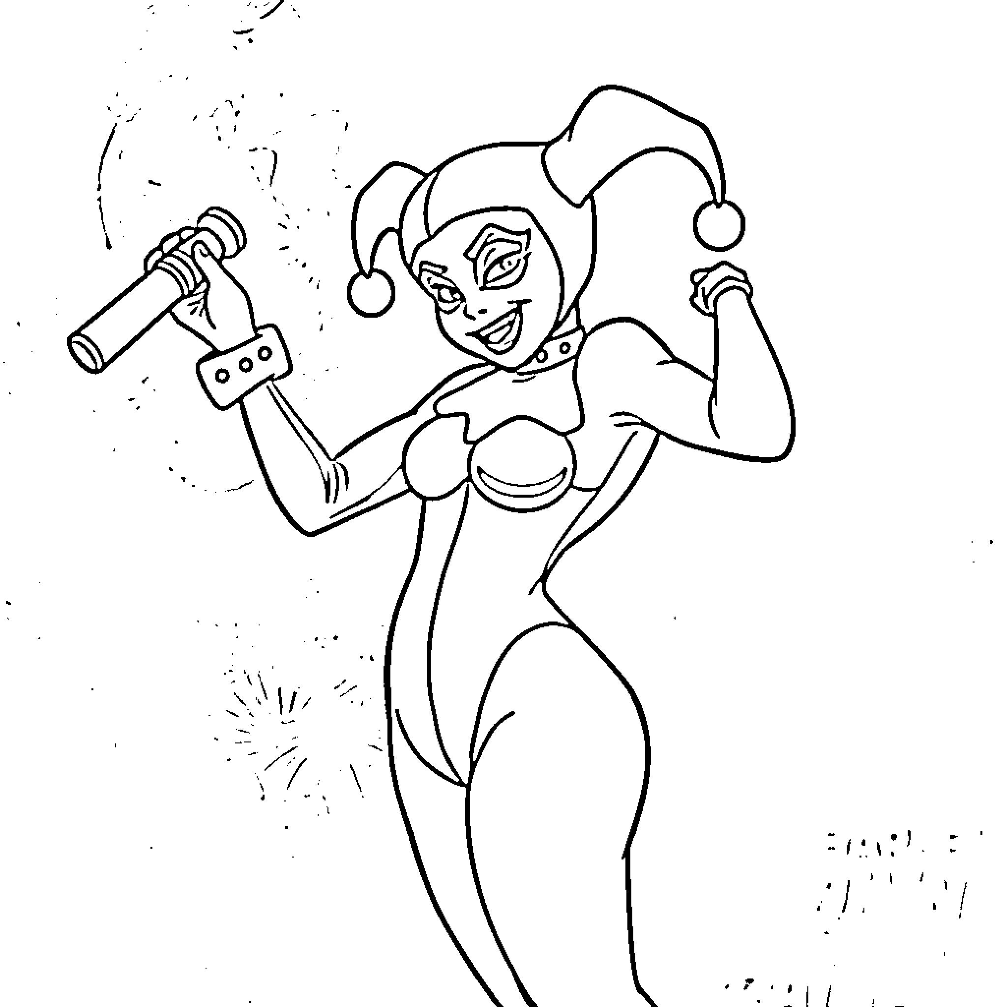Harley Quinn performing playful antics with her mallet Coloring Page (free black-and-white line drawing printable PDF for all, from beginners to advanced learners, including children, teens, adults, and seniors)