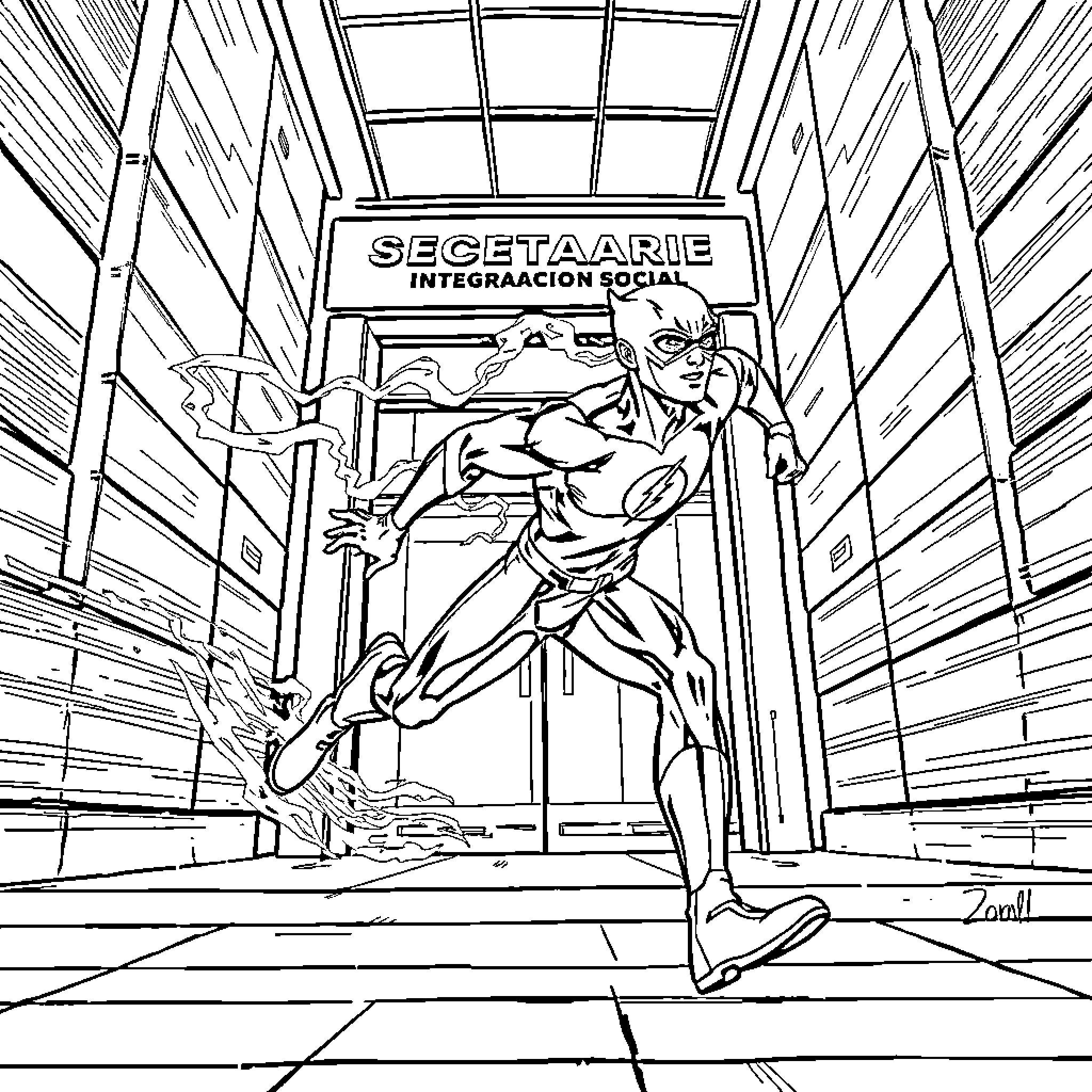 Flash Soaring Through City Streets Coloring Page (free black-and-white line drawing printable PDF for all, from beginners to advanced learners, including children, teens, adults, and seniors)