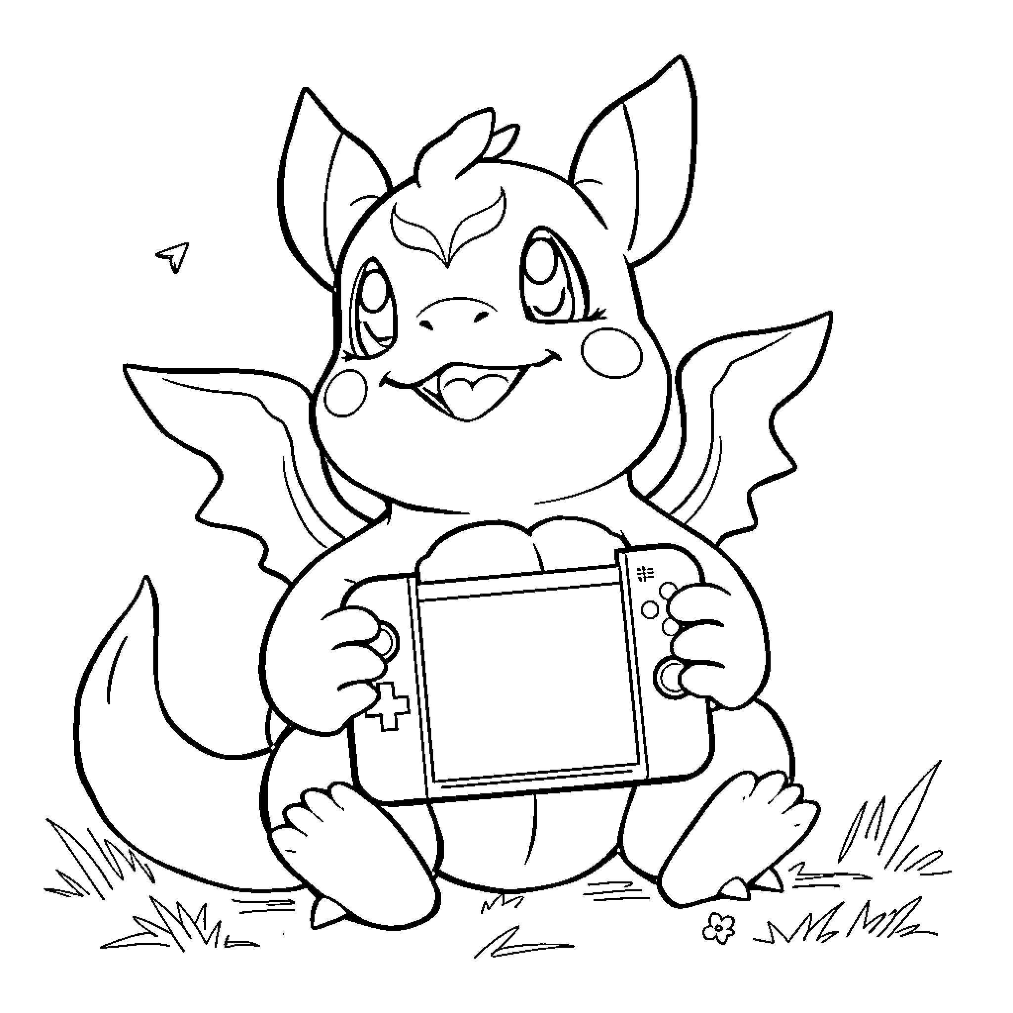 Torchic playing with handheld gaming device in the outdoors Coloring Page (free black-and-white line drawing printable PDF for all, from beginners to advanced learners, including children, teens, adults, and seniors)