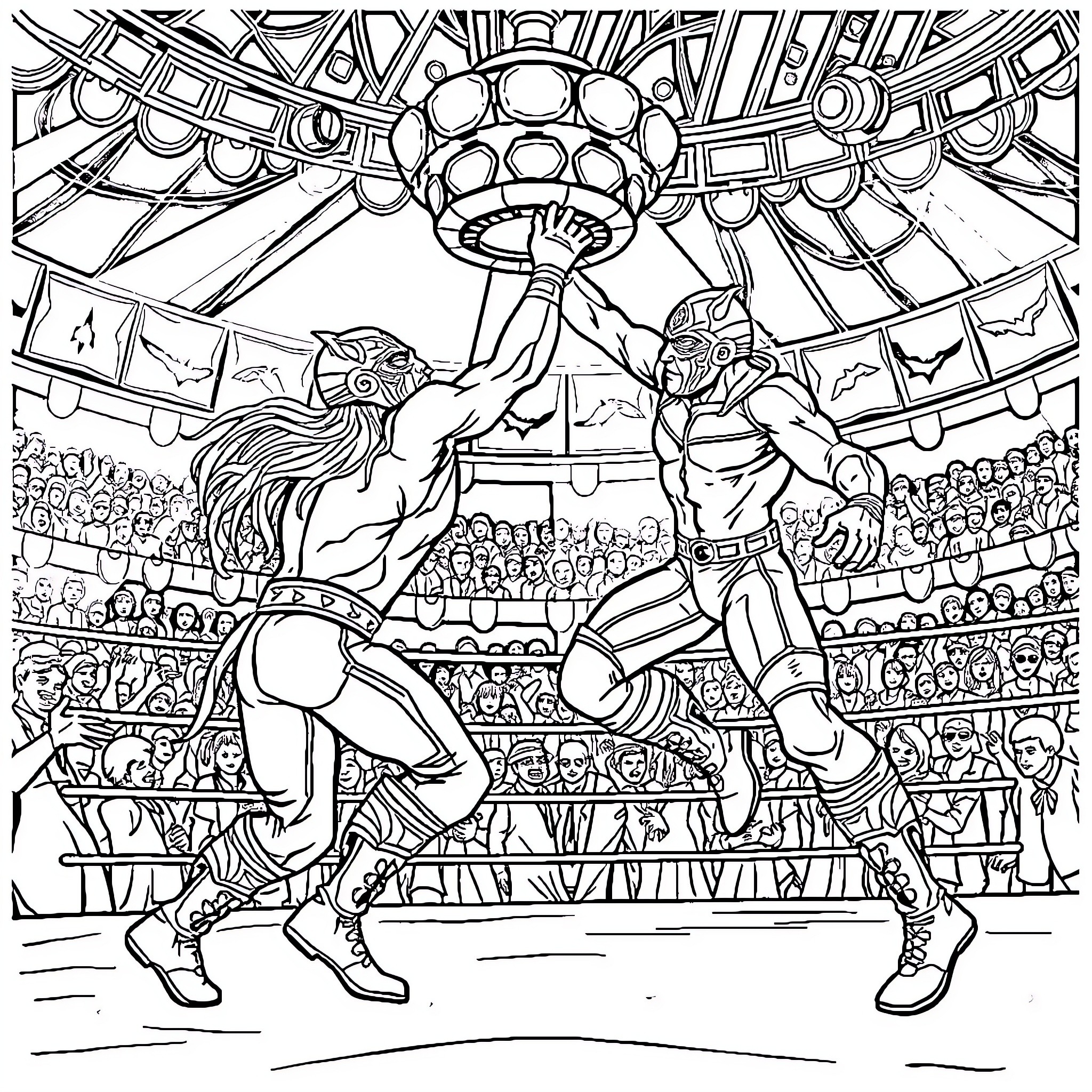 Luchador wrestlers in an intense showdown Coloring Page (free black-and-white line drawing printable PDF for all, from beginners to advanced learners, including children, teens, adults, and seniors)