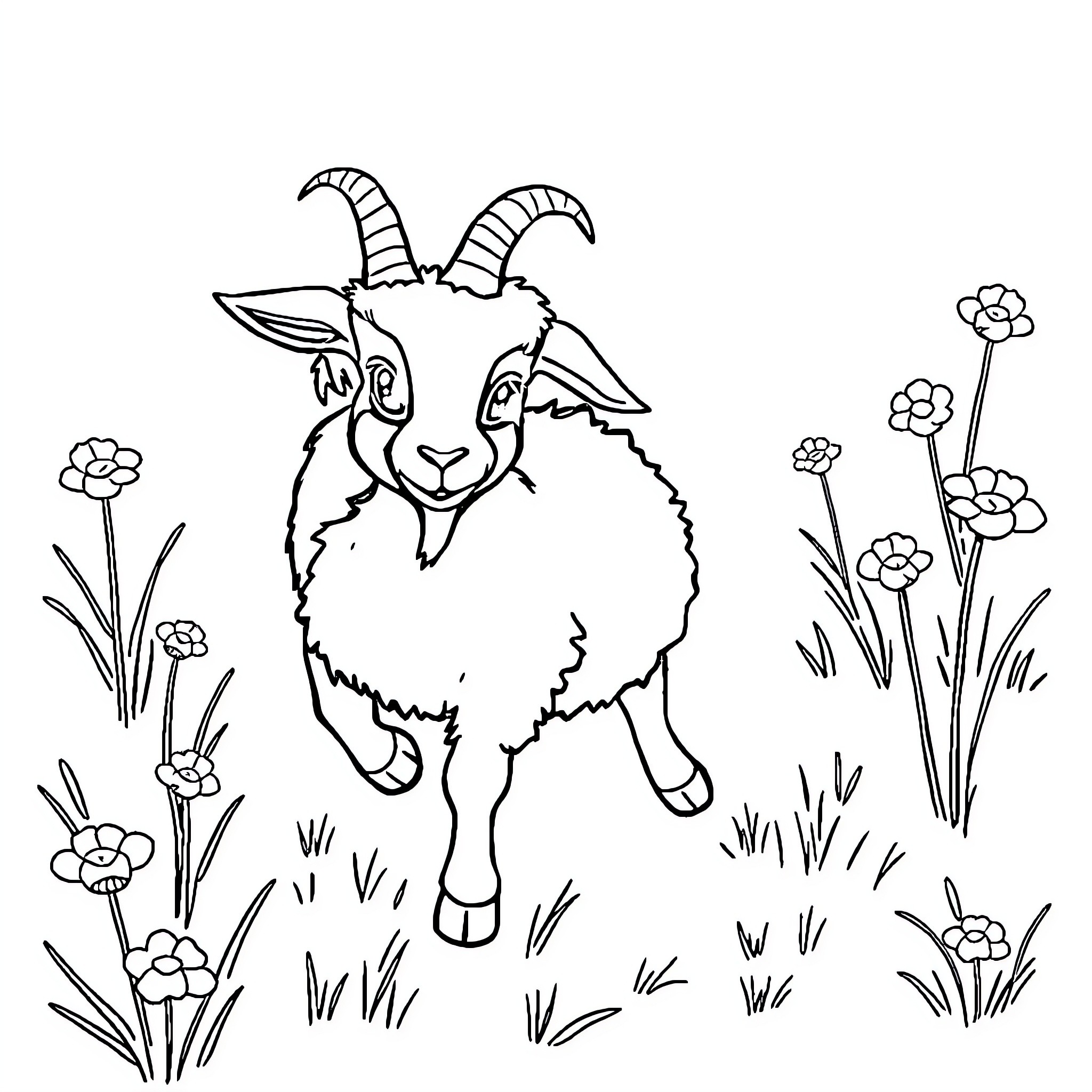 Goat grazing peacefully in a floral meadow Coloring Page (free black-and-white line drawing printable PDF for all, from beginners to advanced learners, including children, teens, adults, and seniors)