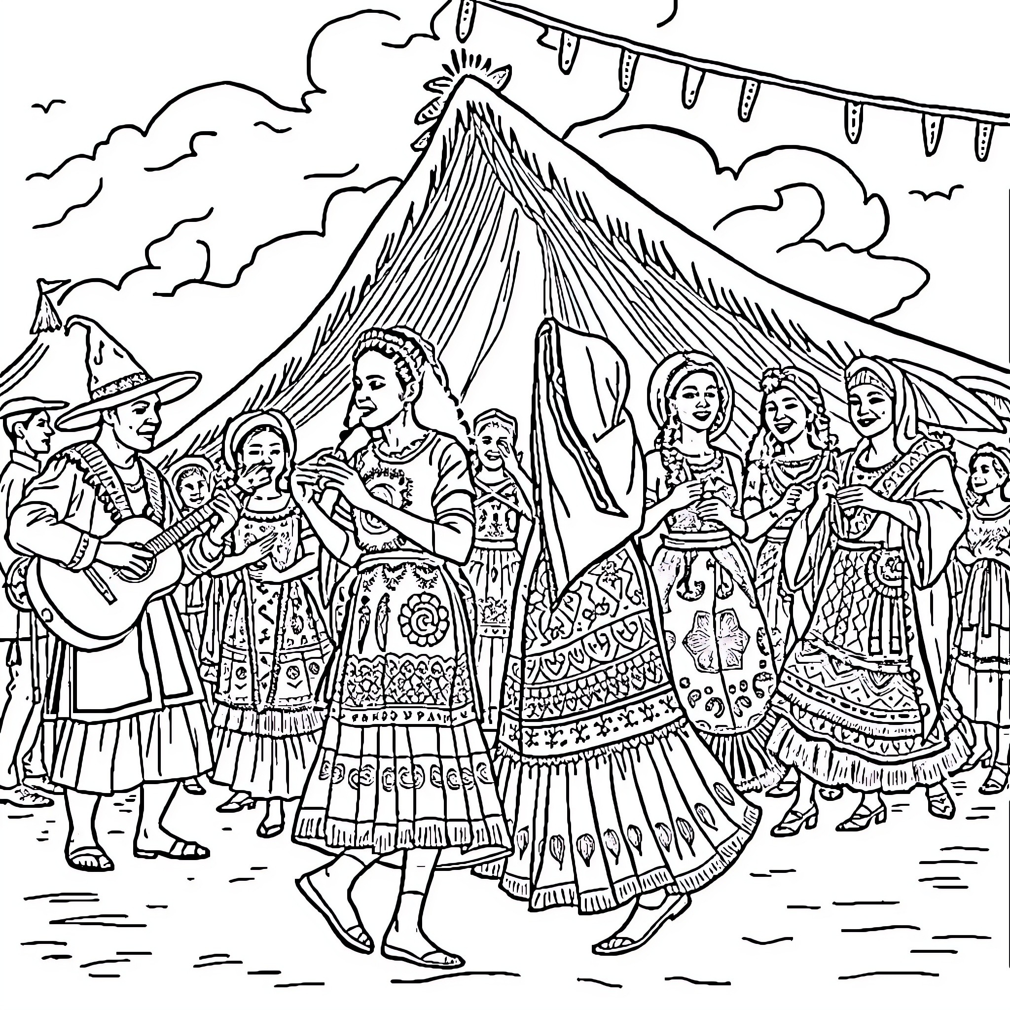 Afrikaan Celebration with Traditional Costumes and Music Coloring Page (free black-and-white line drawing printable PDF for all, from beginners to advanced learners, including children, teens, adults, and seniors)
