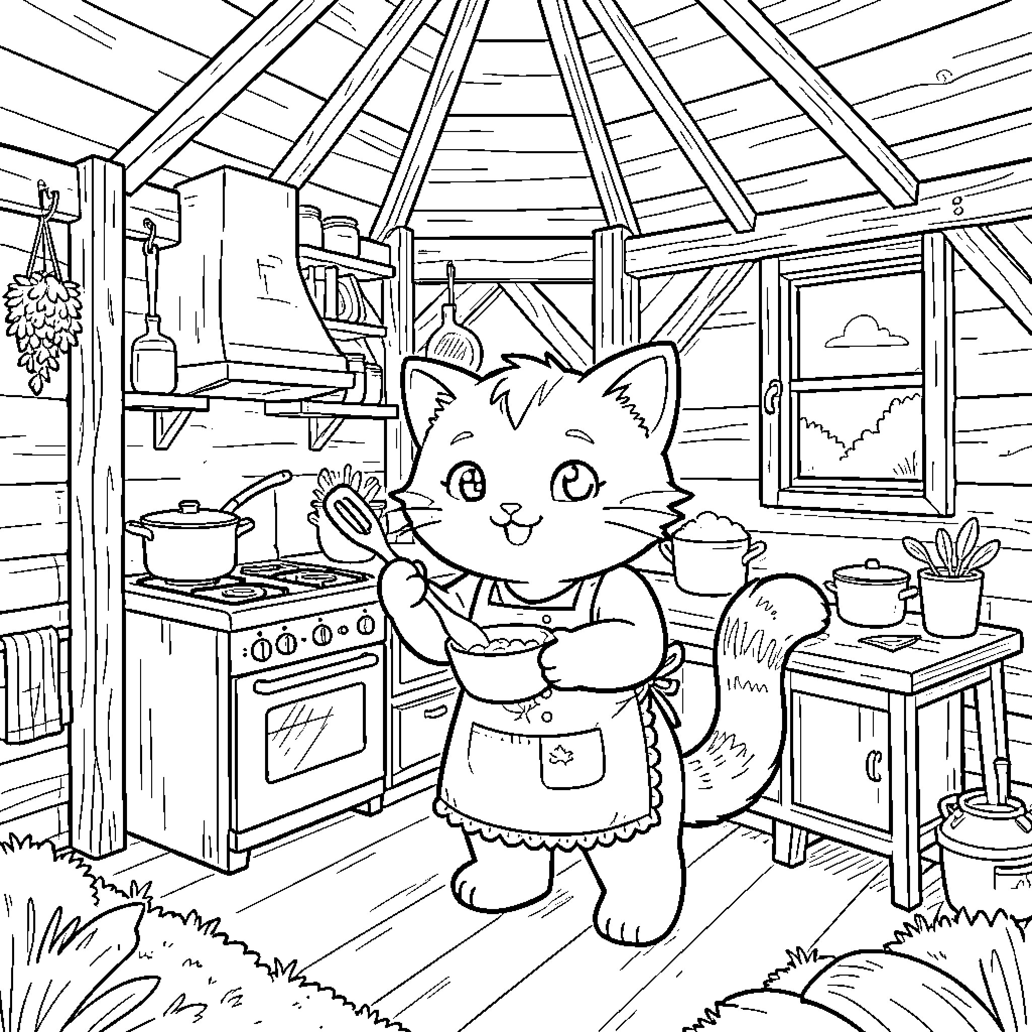 Cat cooking in a cozy cottage kitchen Coloring Page (free black-and-white line drawing printable PDF for all, from beginners to advanced learners, including children, teens, adults, and seniors)