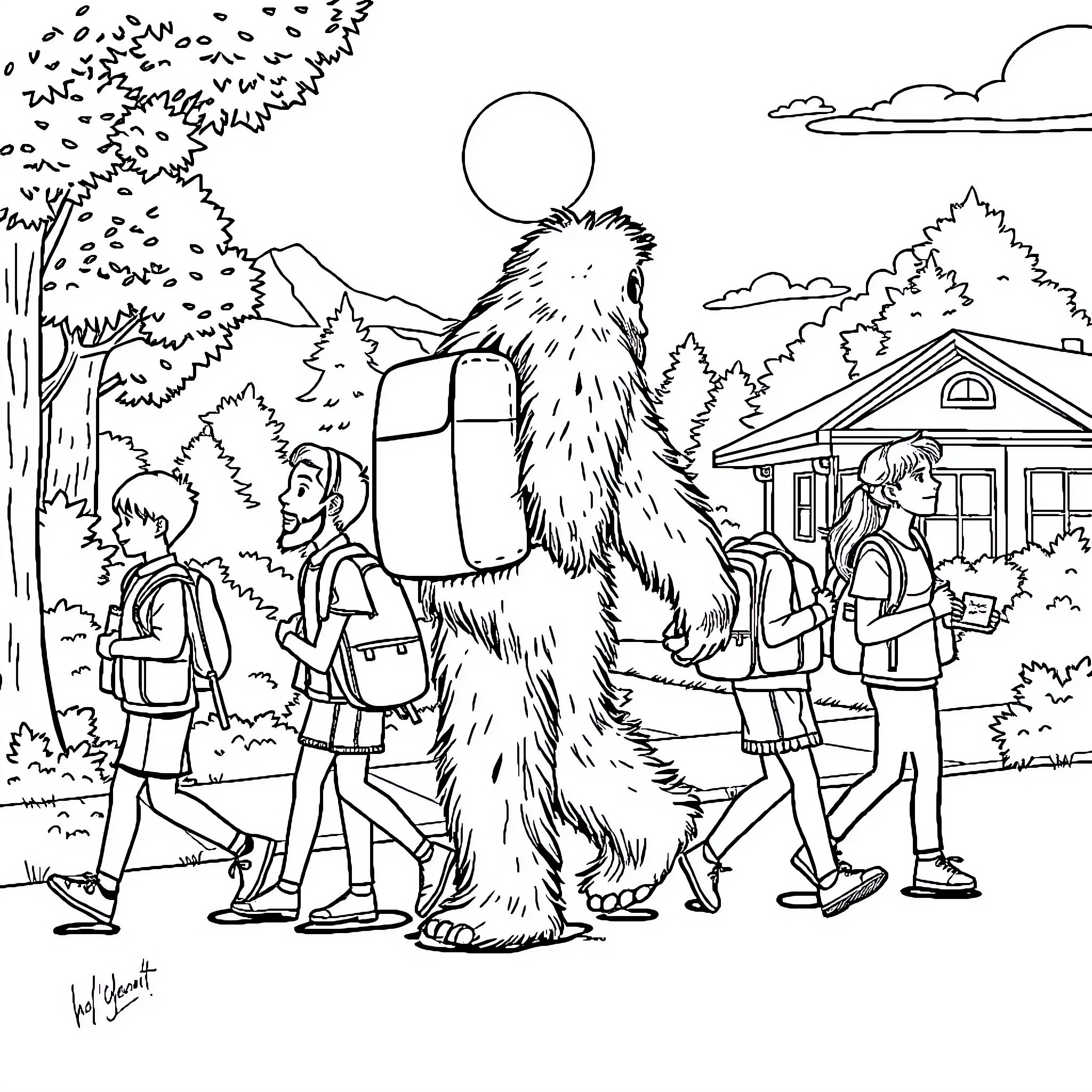 Bigfoot hikers encounter mysterious creature in the woods Coloring Page (free black-and-white line drawing printable PDF for all, from beginners to advanced learners, including children, teens, adults, and seniors)