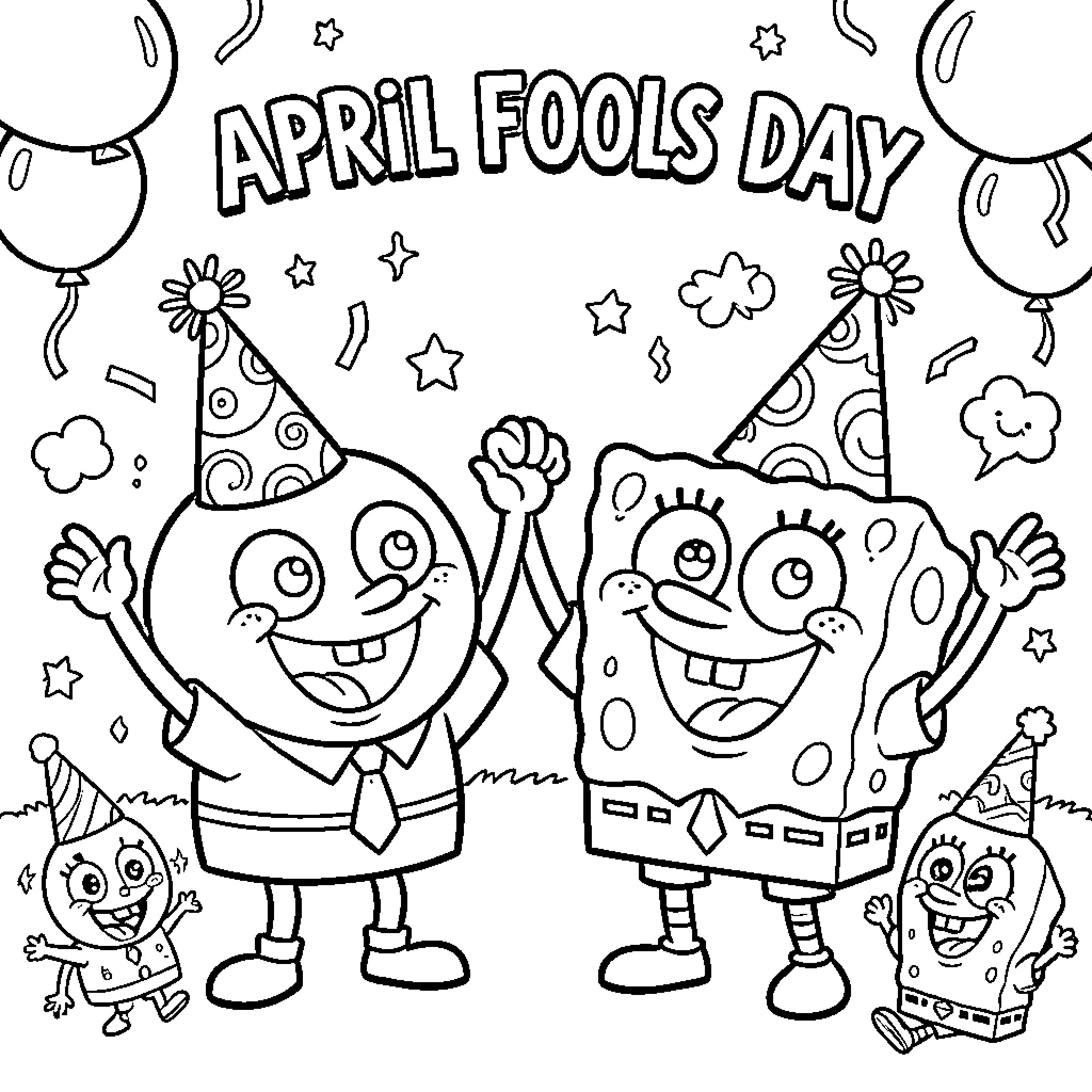 Wubbzy and friends celebrate April Fools' Day Coloring Page (free black-and-white line drawing printable PDF for all, from beginners to advanced learners, including children, teens, adults, and seniors)
