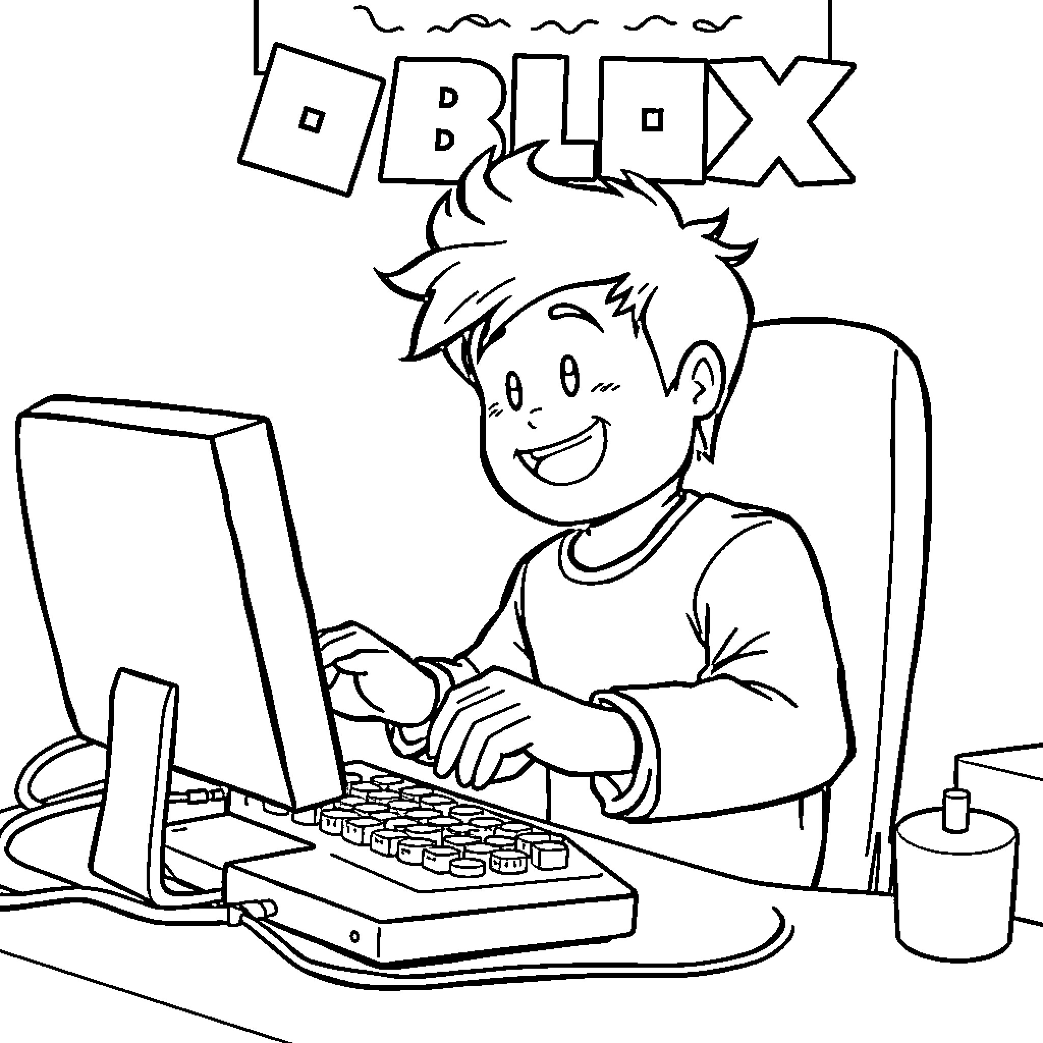 Roblox Boy Enjoying Playing Computer Games Coloring Page (free black-and-white line drawing printable PDF for all, from beginners to advanced learners, including children, teens, adults, and seniors)