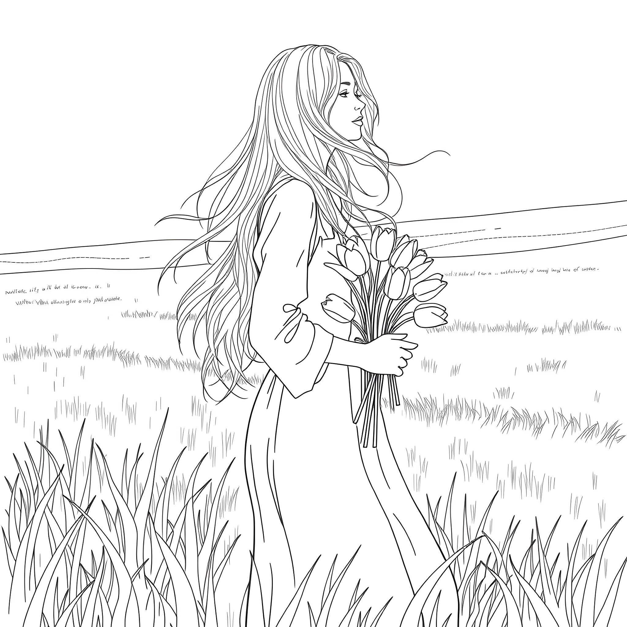 Woman holding a bouquet of flowers in a field Coloring Page (free black-and-white line drawing printable PDF for all, from beginners to advanced learners, including children, teens, adults, and seniors)