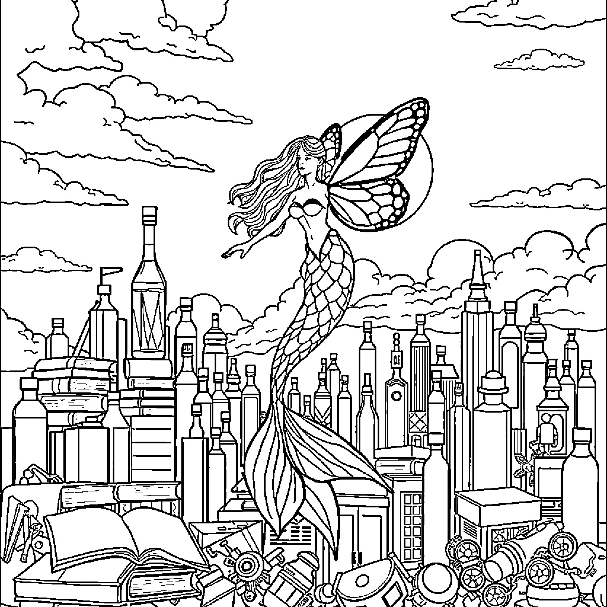 Mermaid exploring the city with butterfly wings Coloring Page (free black-and-white line drawing printable PDF for all, from beginners to advanced learners, including children, teens, adults, and seniors)